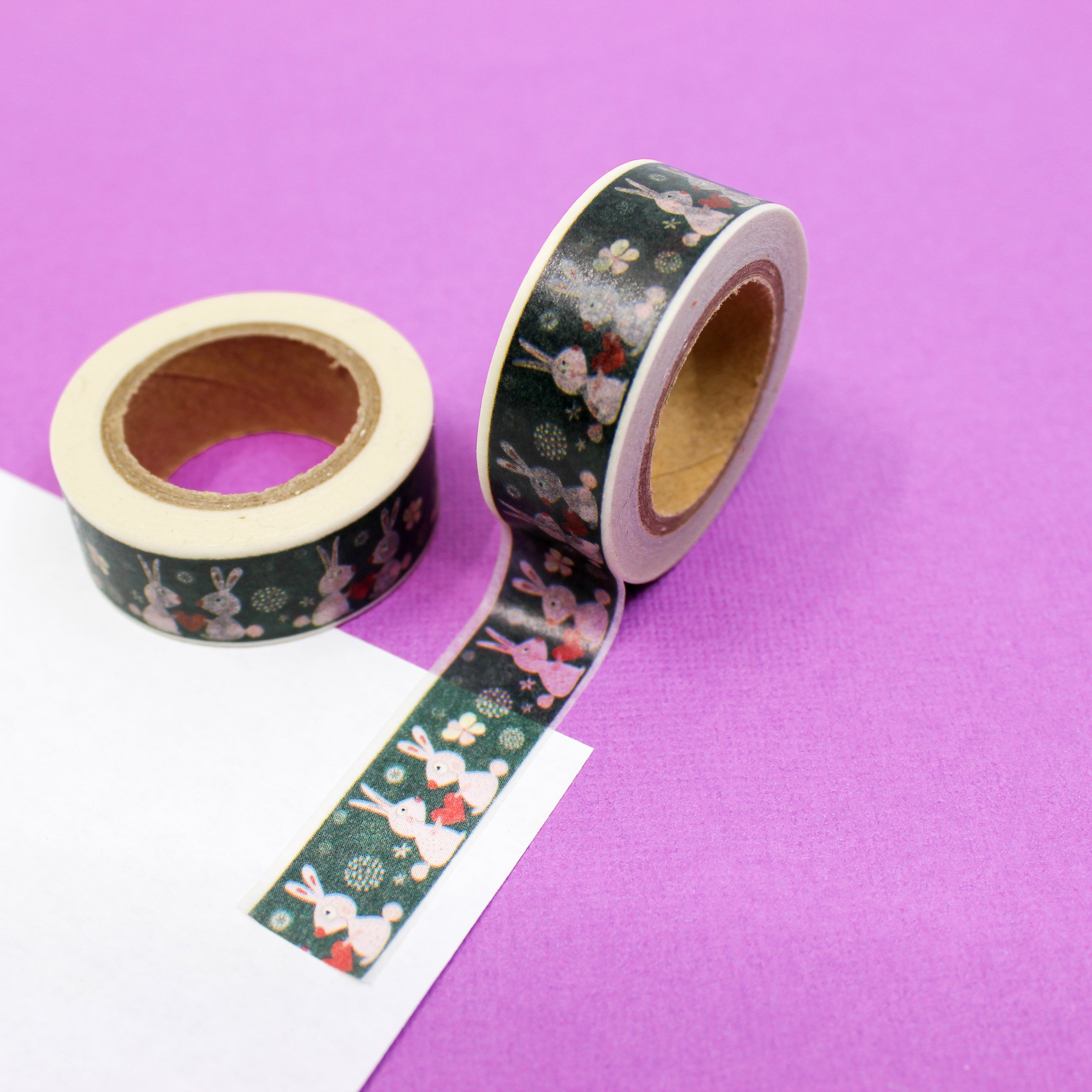 This is a couple of white rabbits with a heart in a green foil-themed washi tape from BBB Supplies Craft Shop