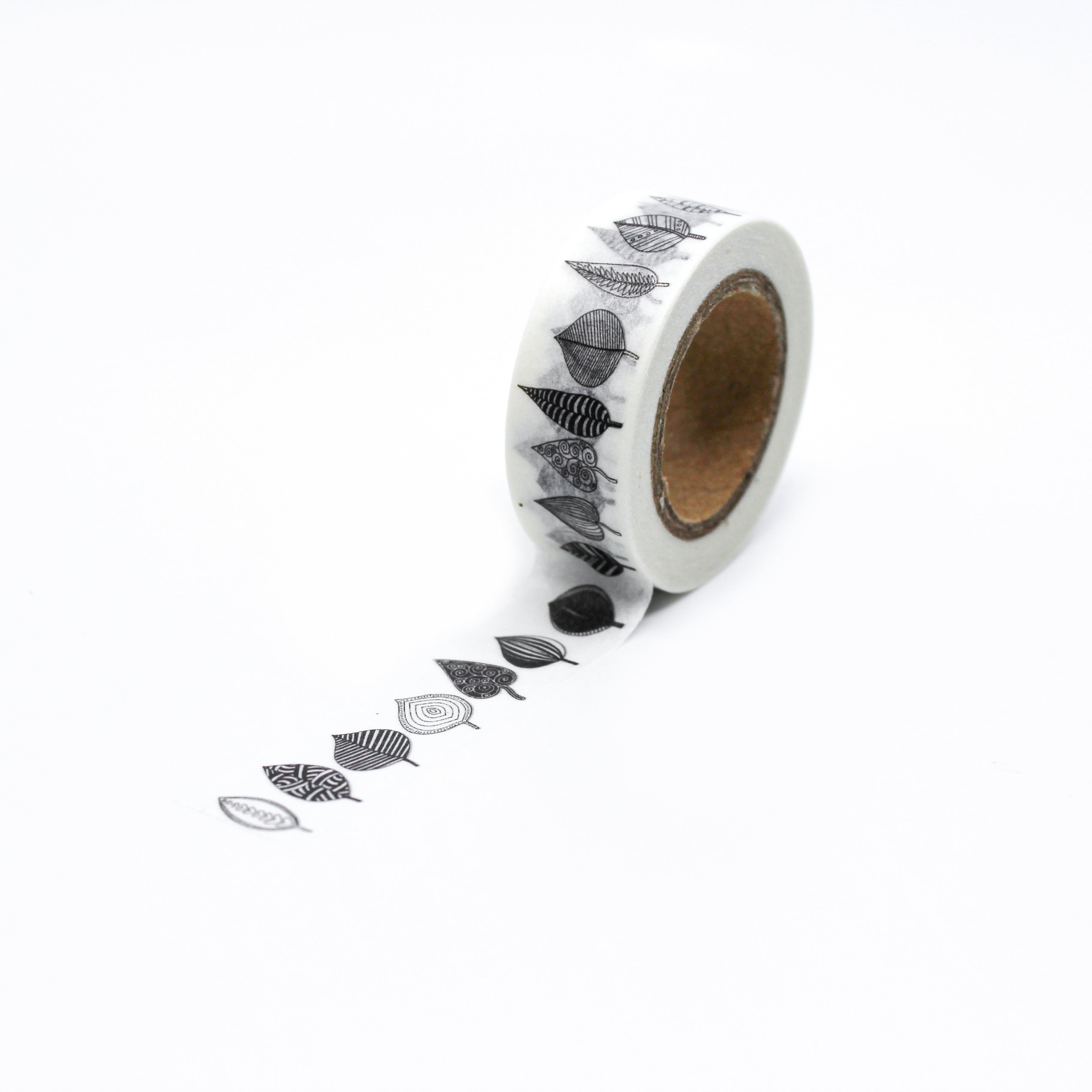 This is a full pattern repeat view of various black autumn leaf washi tape from BBB Supplies Craft Shop