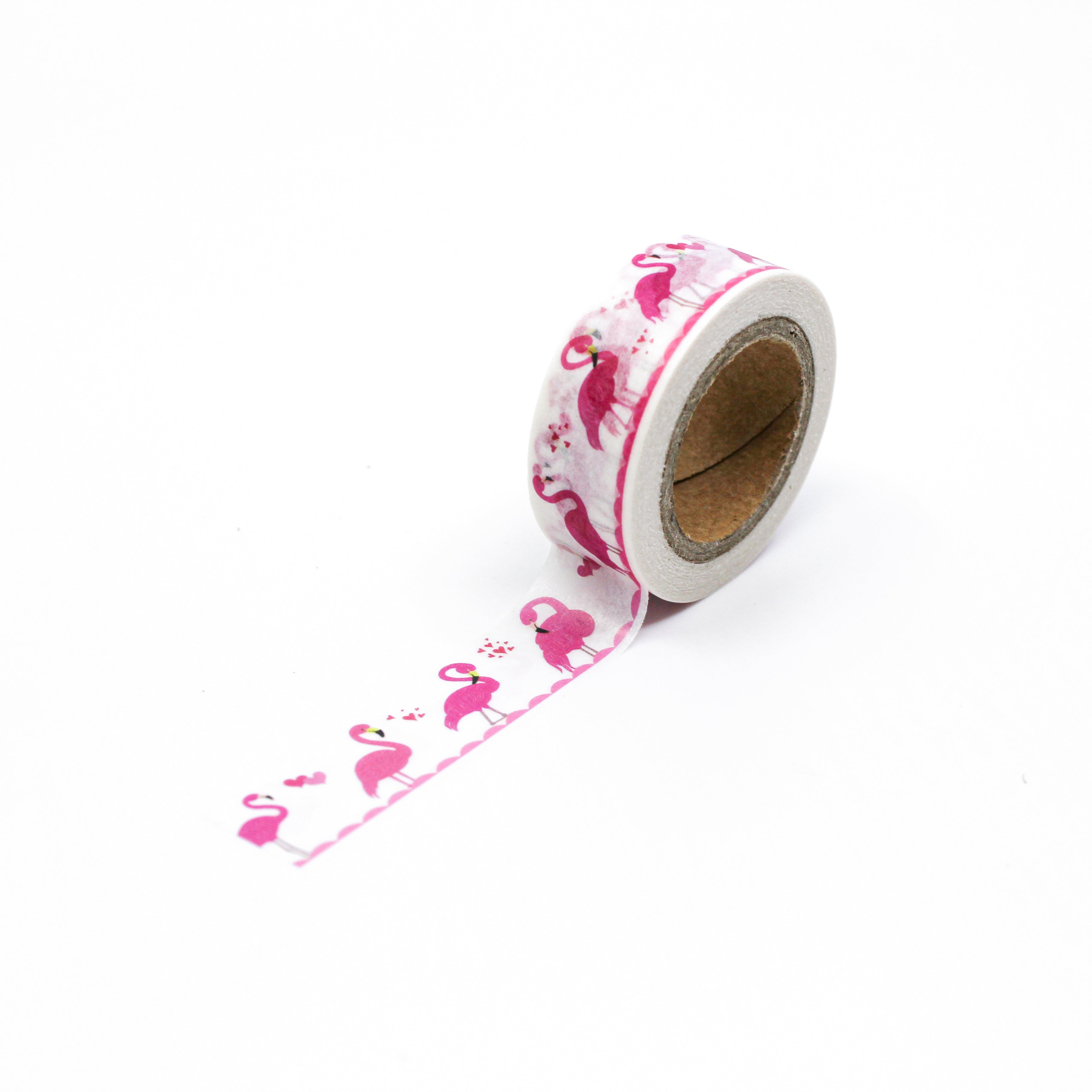 This is a full pattern repeat view of cute pink flamingo washi tape from BBB Supplies Craft Shop