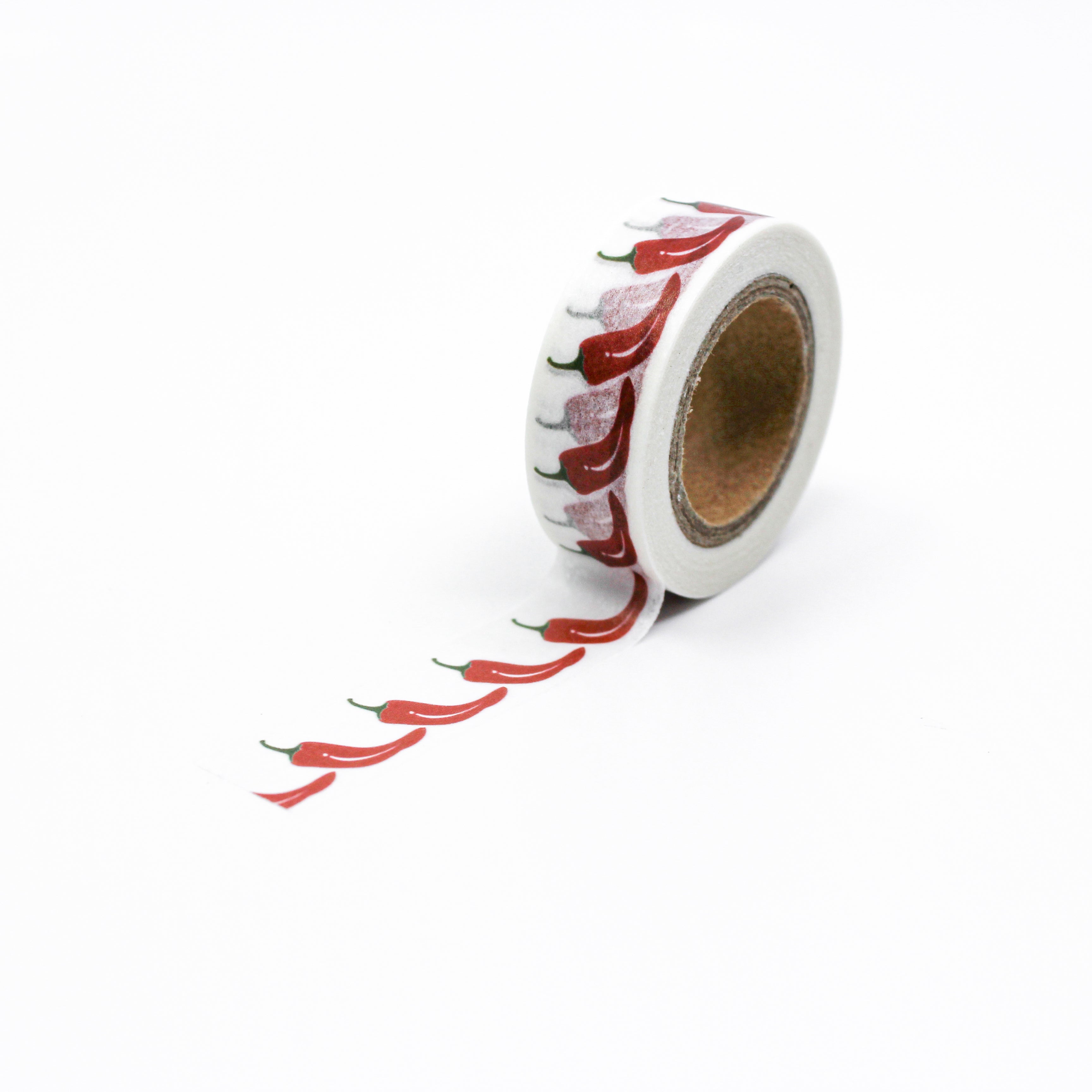 This is a full pattern repeat view of red hot chili pepper washi tape from BBB Supplies Craft Shop