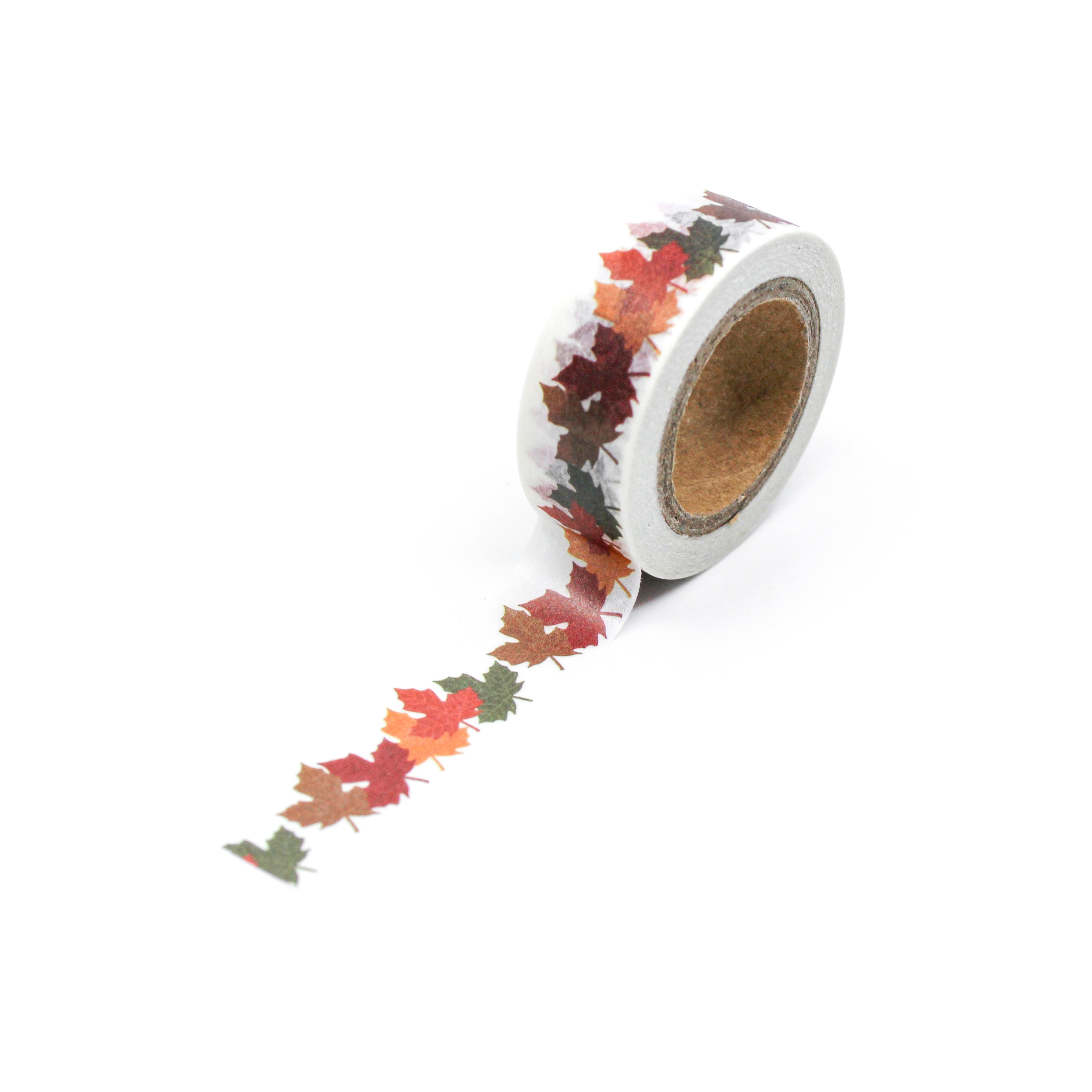This is a full pattern repeat view of multi-color fall leave flowers washi tape from BBB Supplies Craft Shop