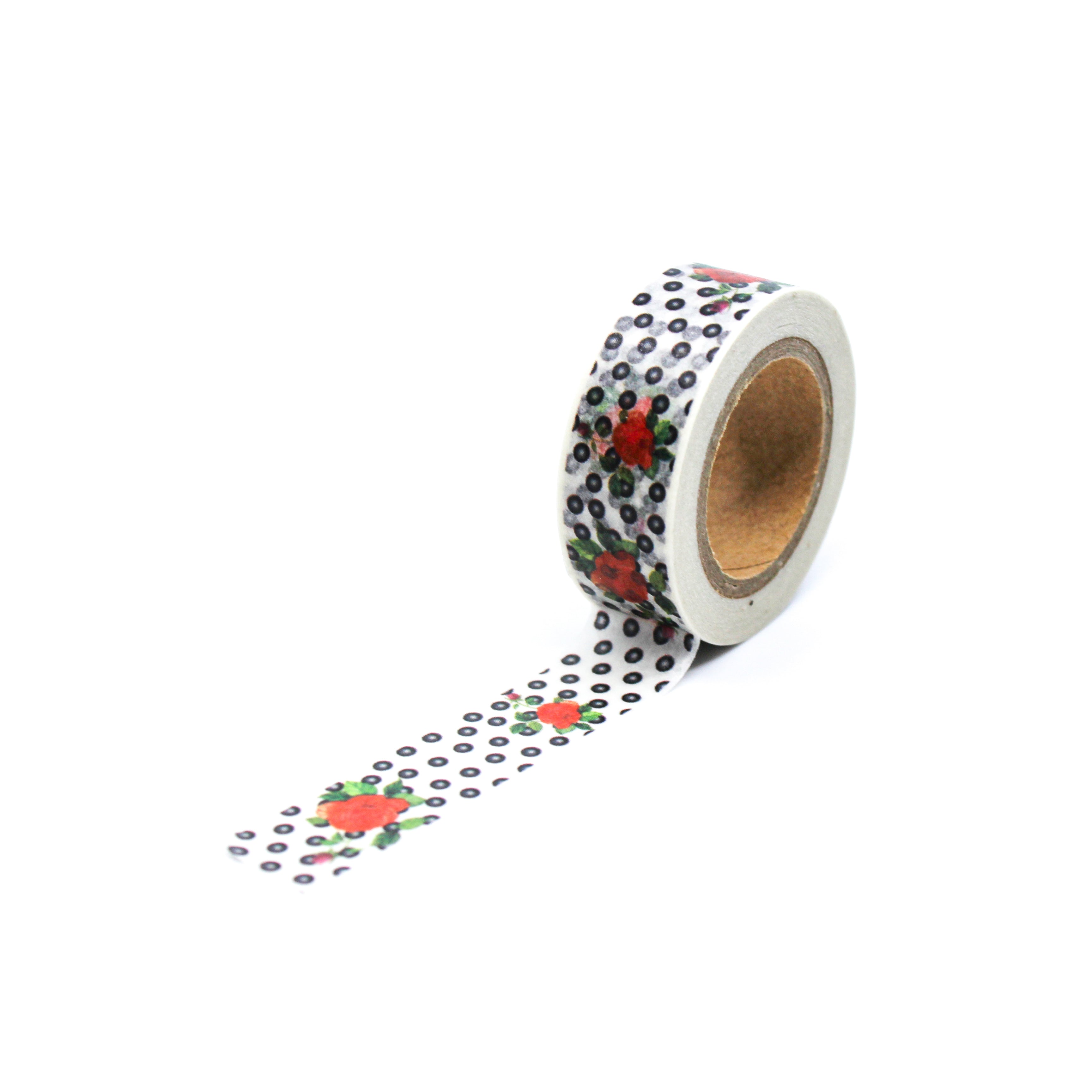 This is a full pattern repeat view of tiny black dots and orange Hawaiian flowers washi tape from BBB Supplies Craft Shop