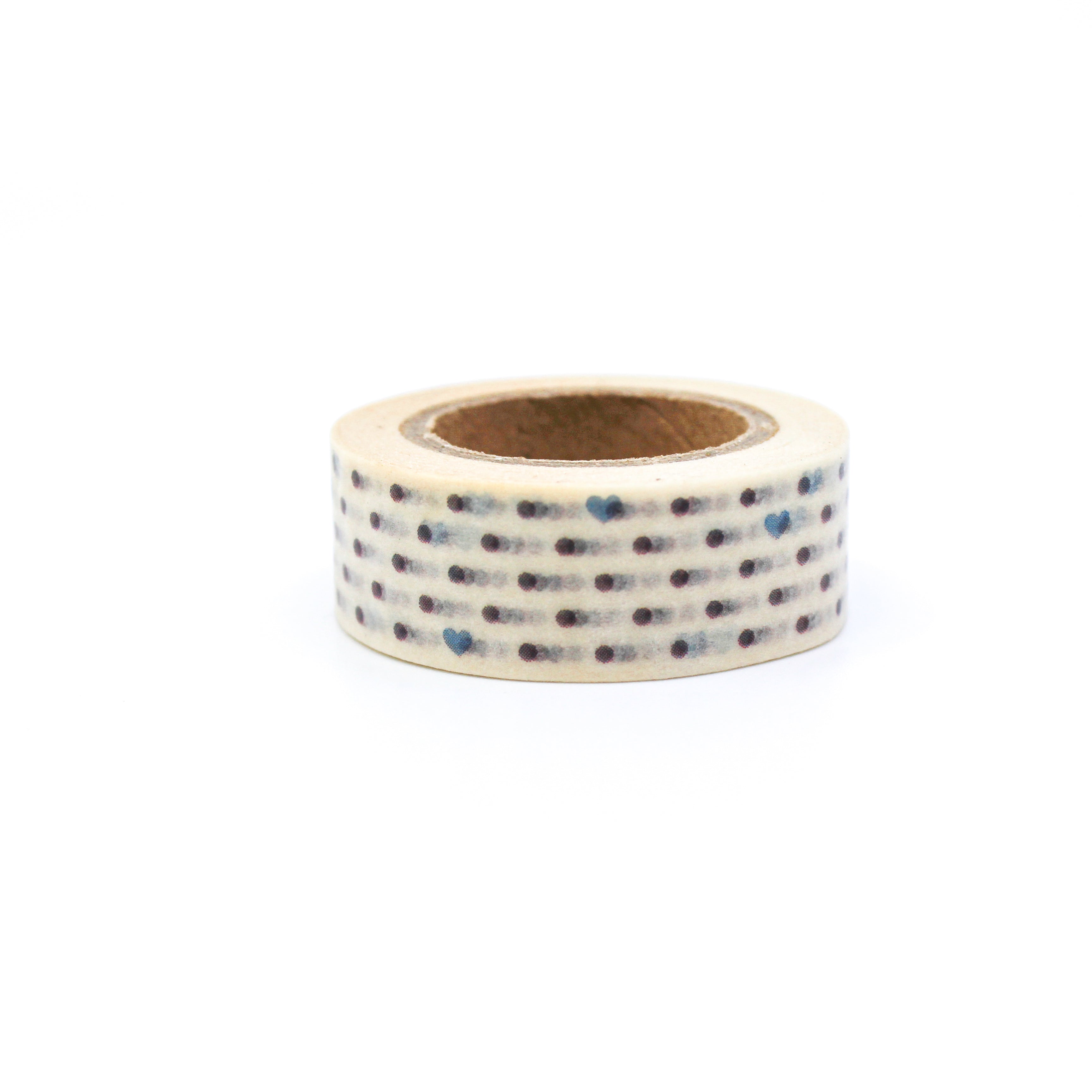 This is blue dots with red hearts in a white background washi tape from BBB Supplies Craft Shop