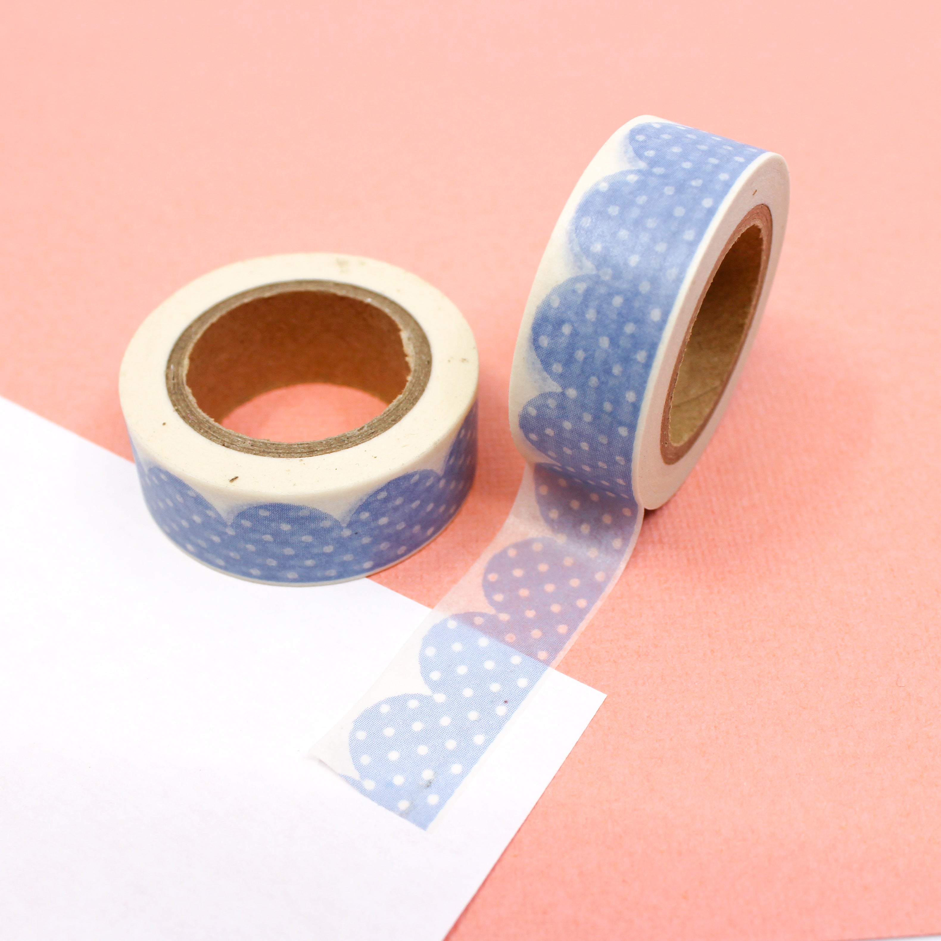This is a blue dots scallop clouds view themed washi tape from BBB Supplies Craft Shop