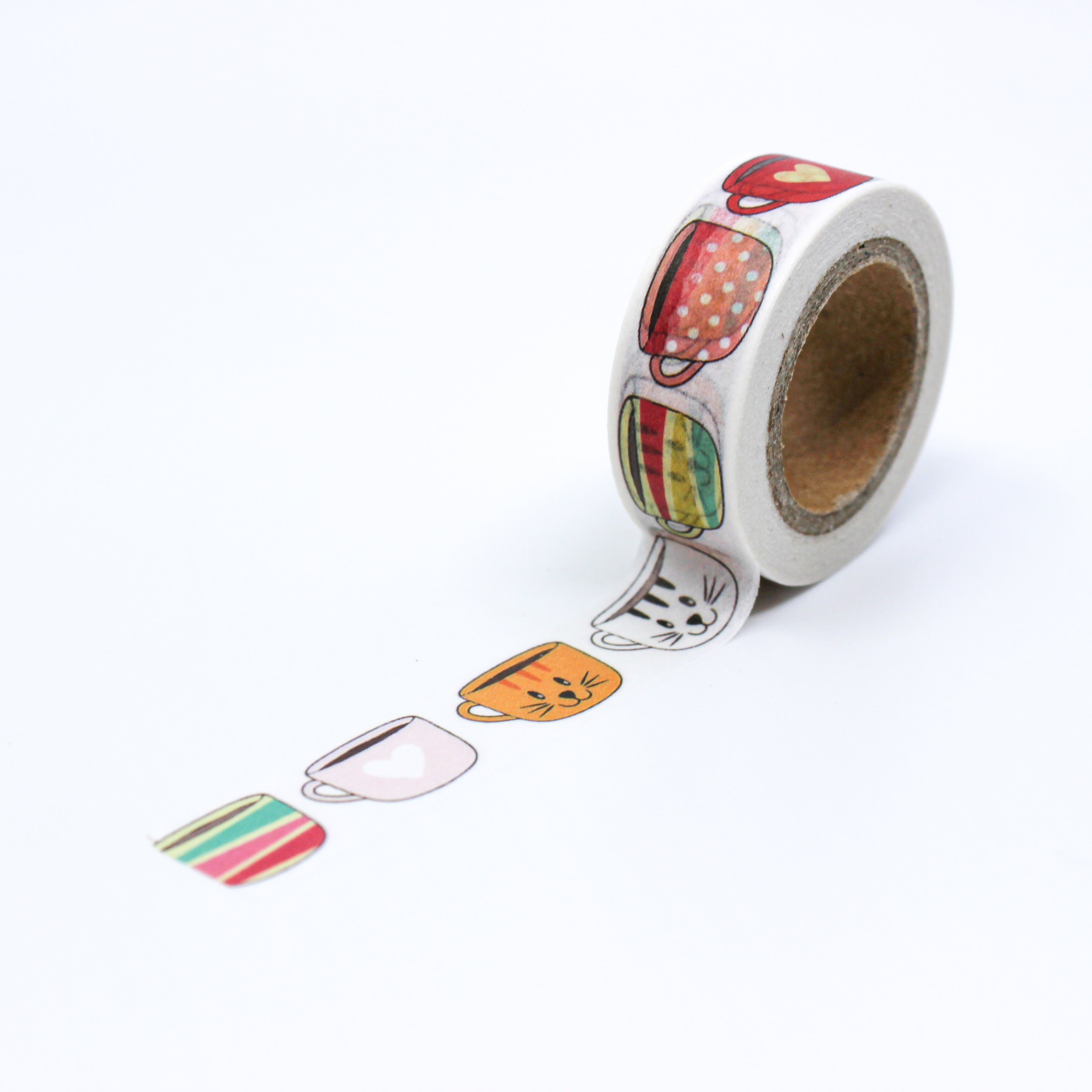 This is a full pattern review view of colorful multi characters mugs washi tape from BBB Supplies Craft Shop
