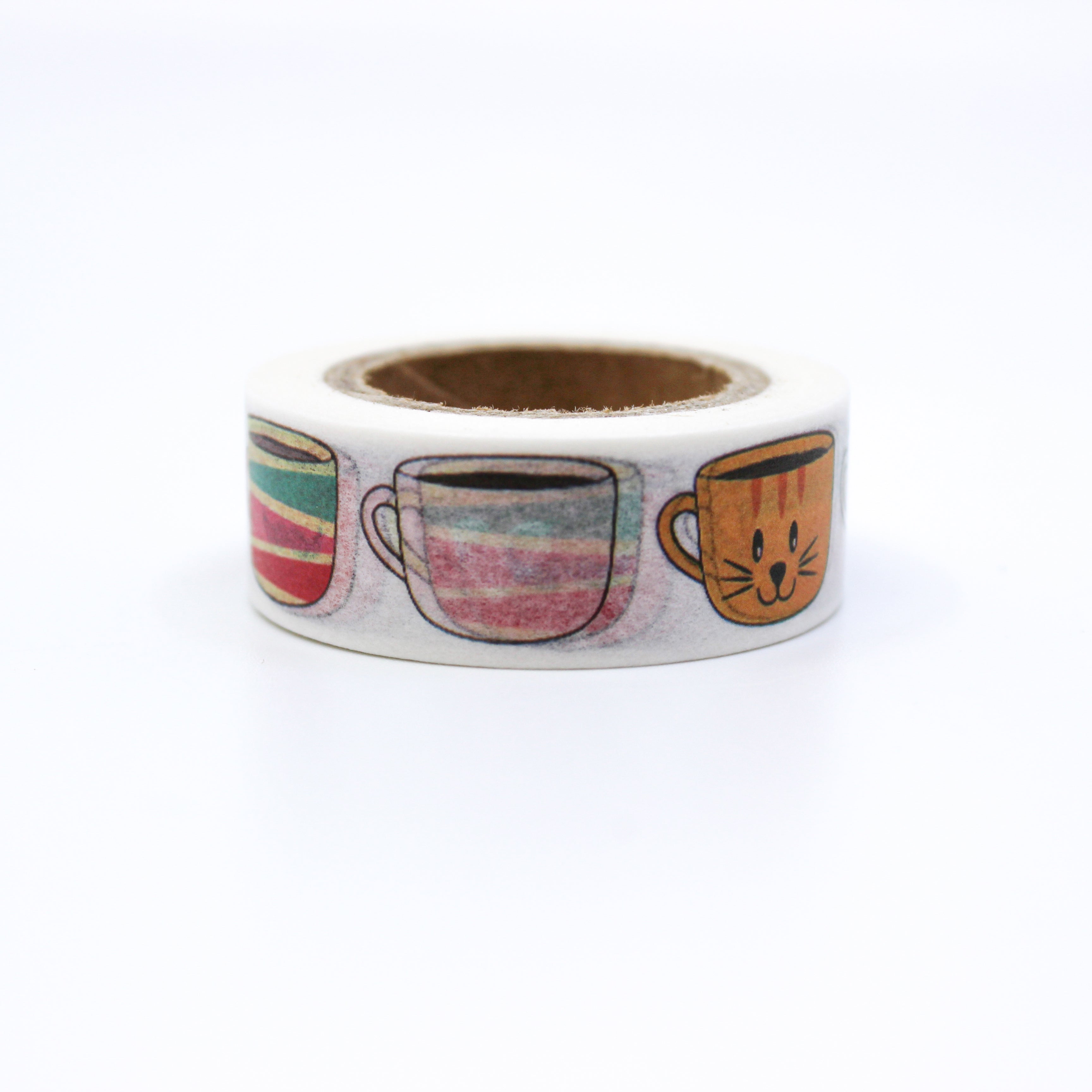 This is a various color and character coffee mugs pattern with white background washi tape from BBB Supplies Craft Shop