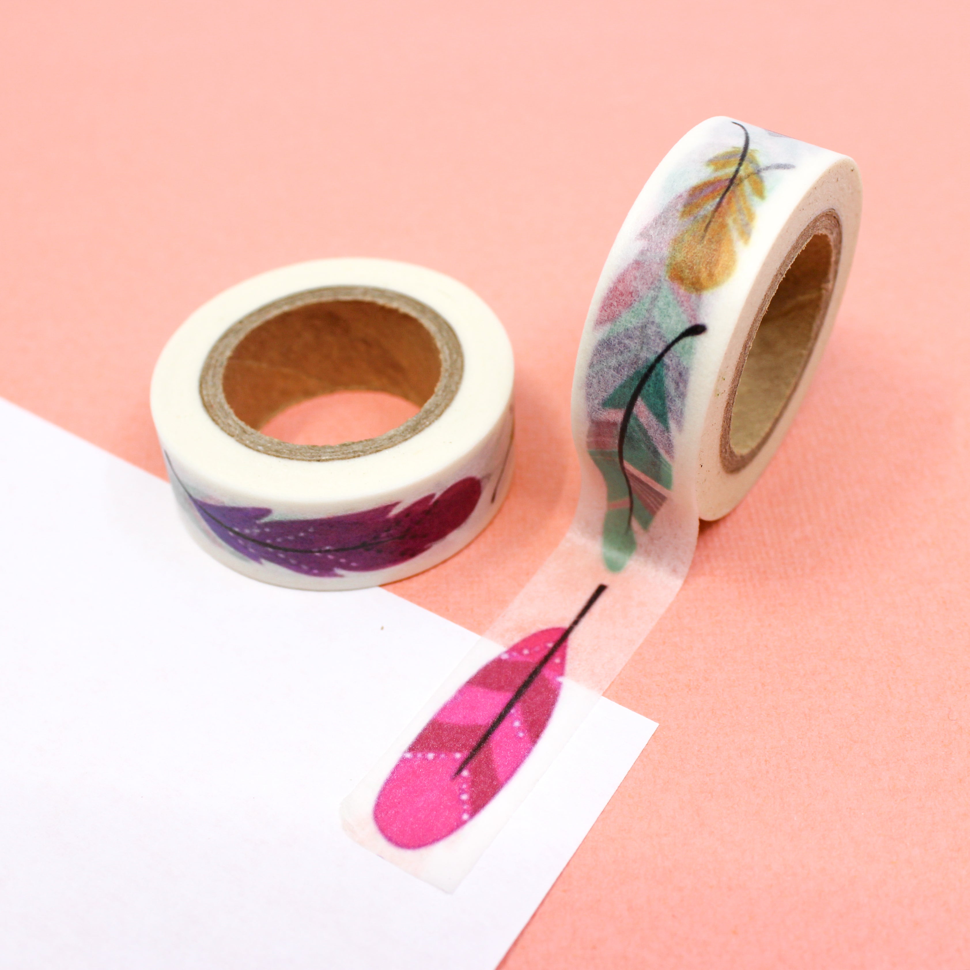 This is red, pink, blue and green bird feathers pattern washi tape from BBB Supplies Craft Shop