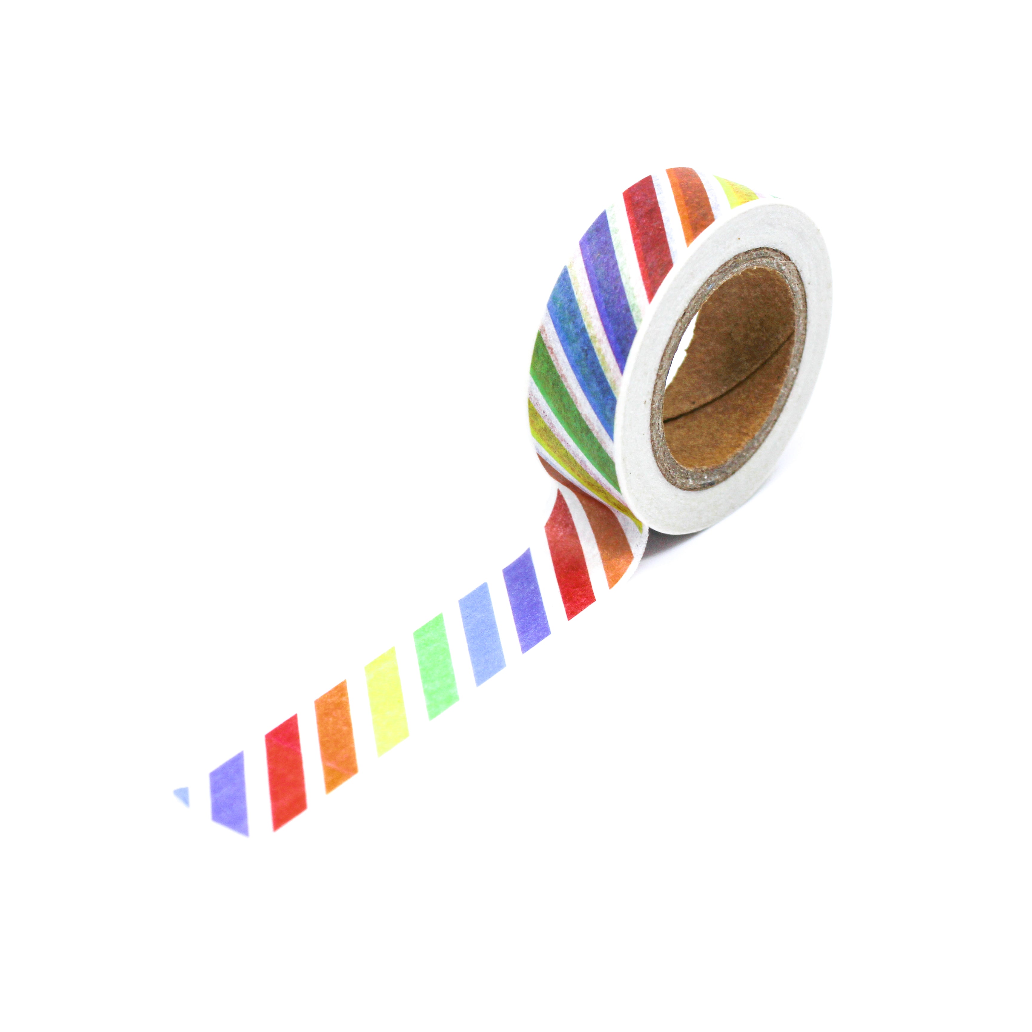 This is a cute multi color diagonal stripes in a white background washi tape from BBB Supplies Craft Shop