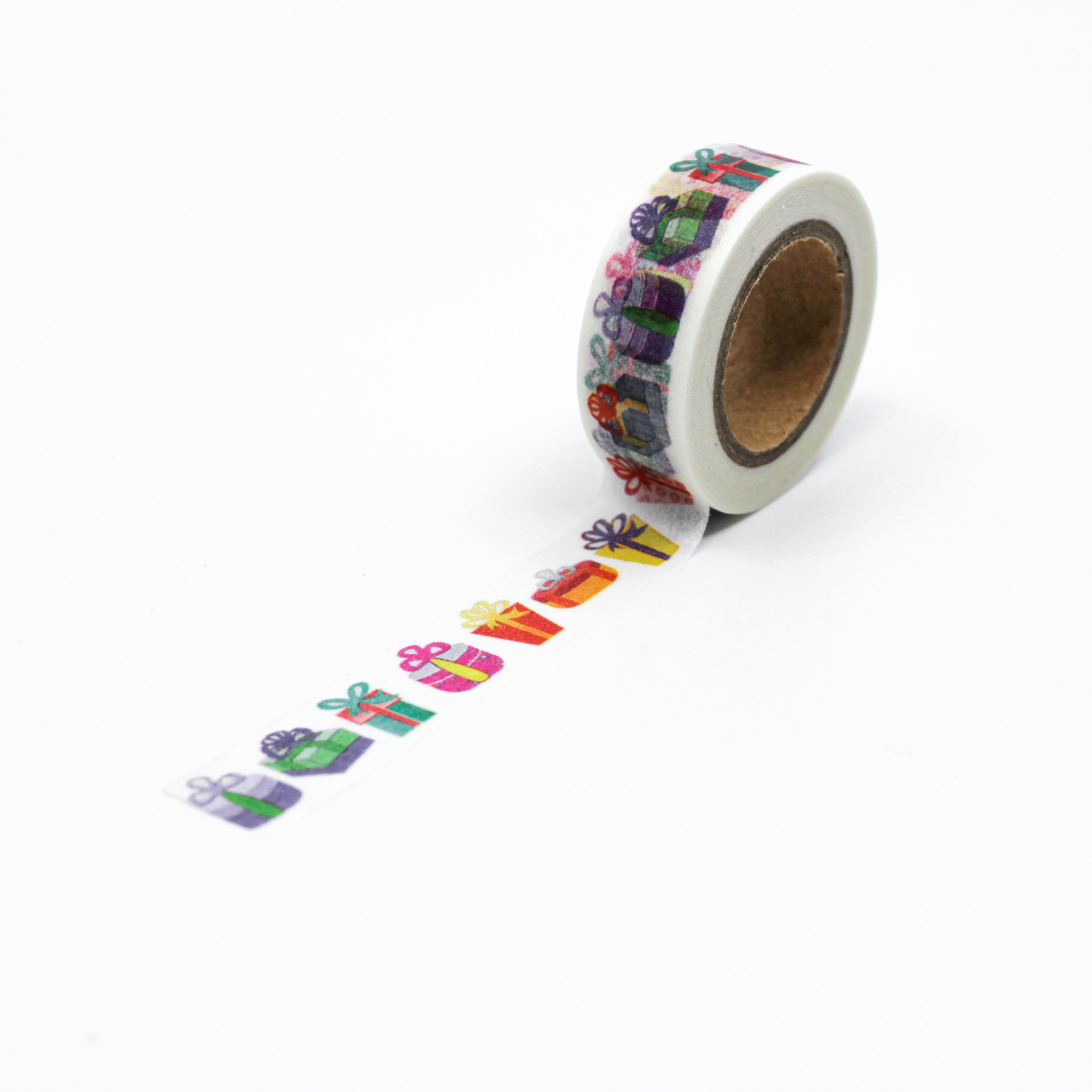 This is a full pattern repeat view of various presents and gifts washi tape from BBB Supplies Craft Shop