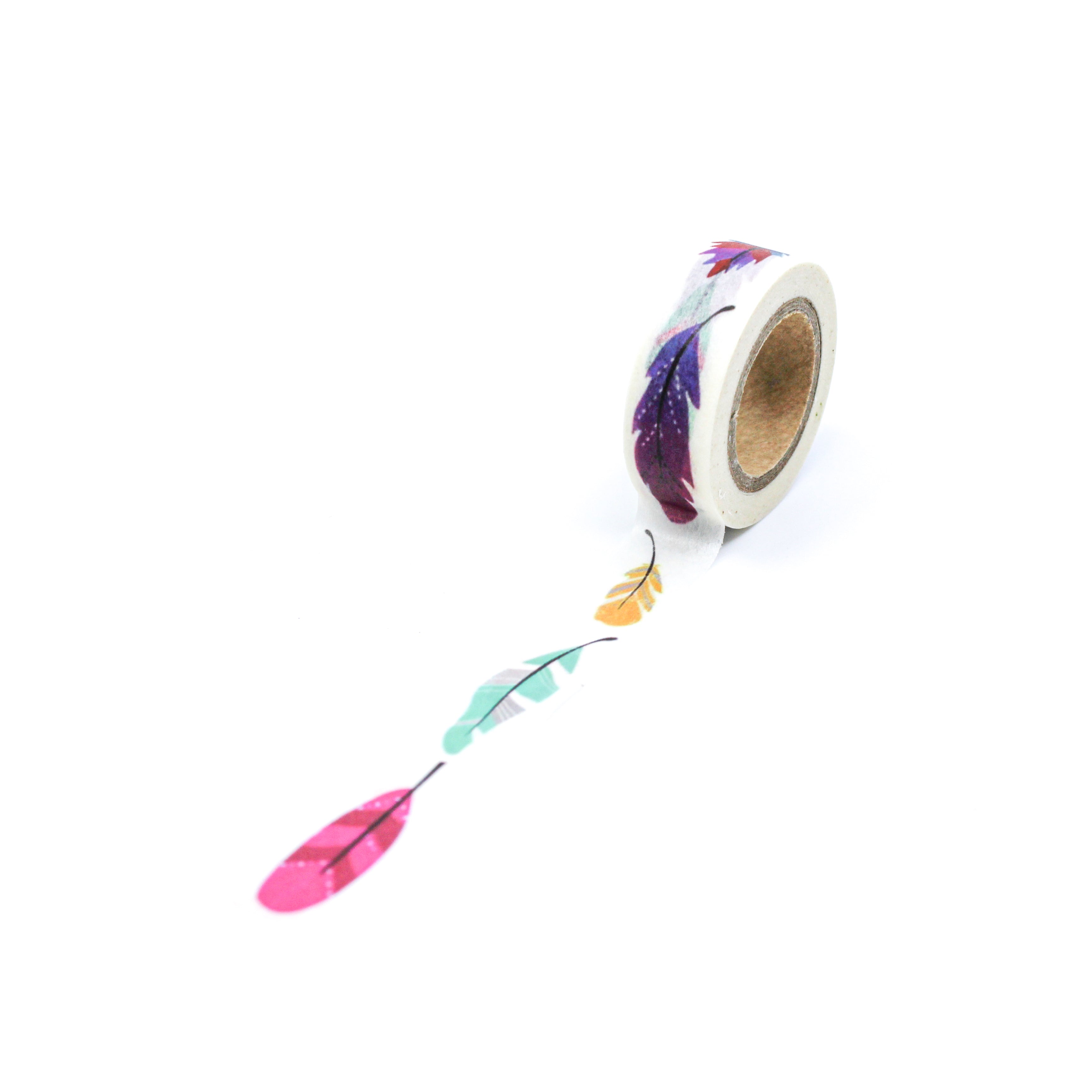 This is a full pattern repeat view of colorful farm breed animal feathers washi tape from BBB Supplies Craft Shop