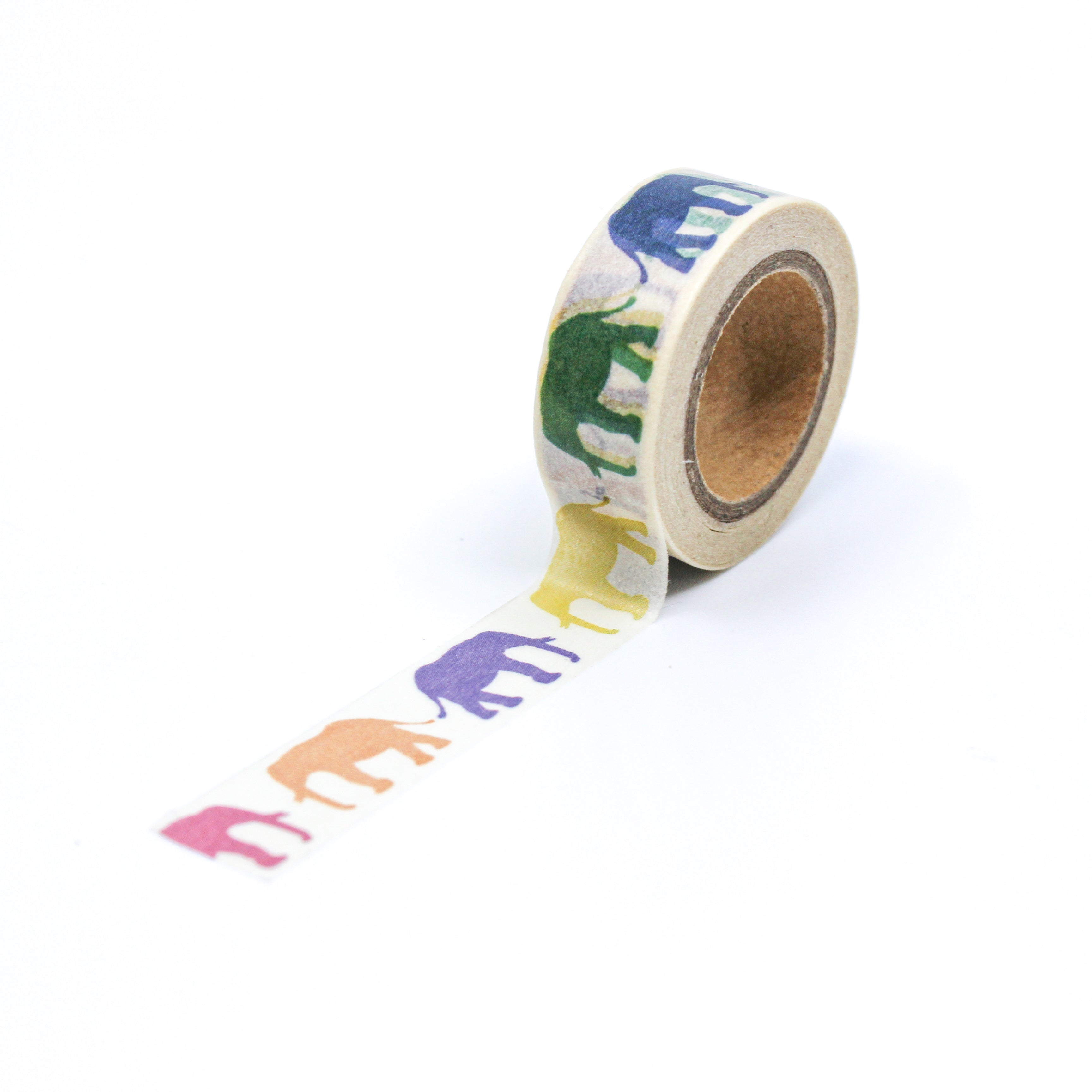 This is a full pattern repeat view of colorful elephants washi tape from BBB Supplies Craft Shop