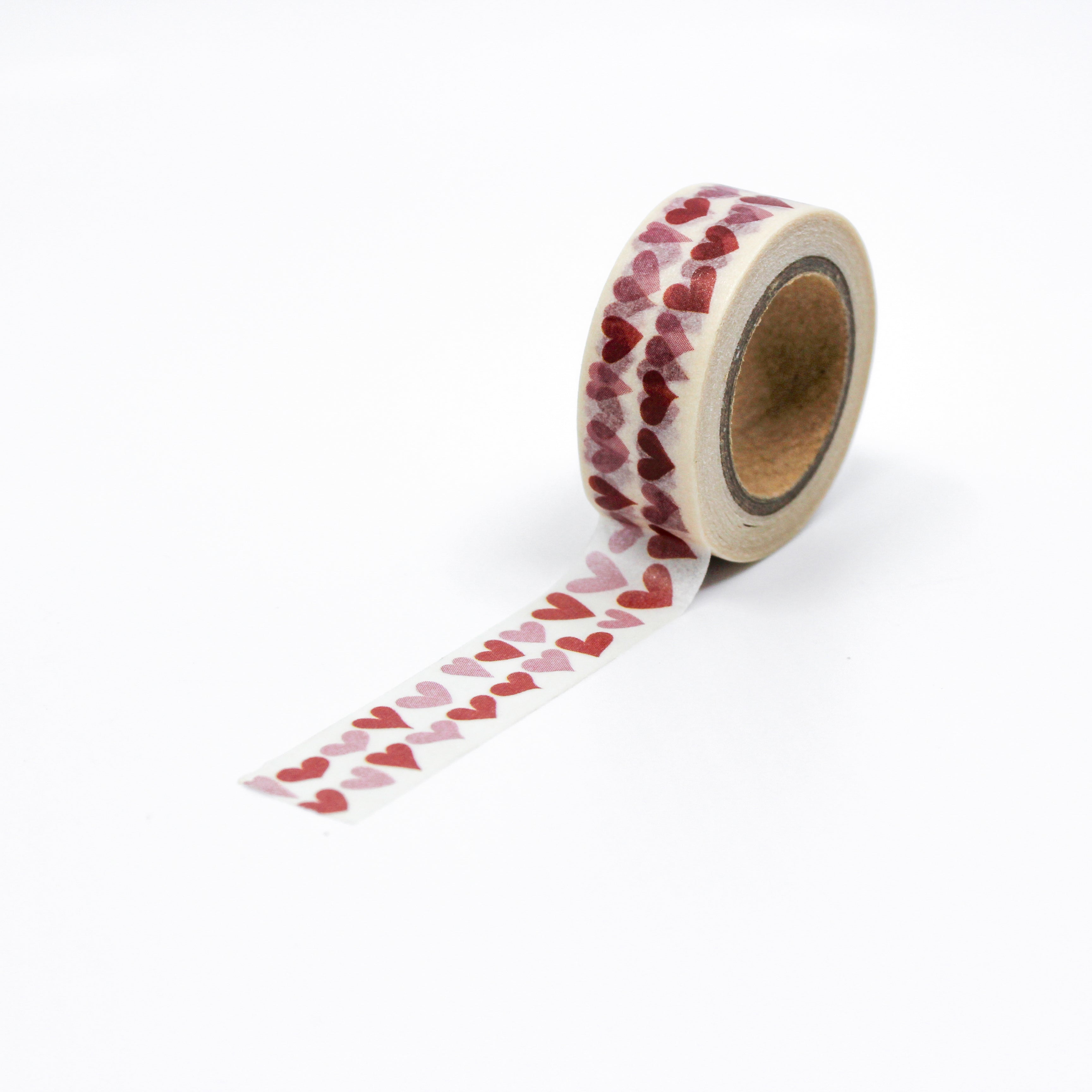 This is a full pattern repeat view of pink and red hearts washi tape from BBB Supplies Craft Shop