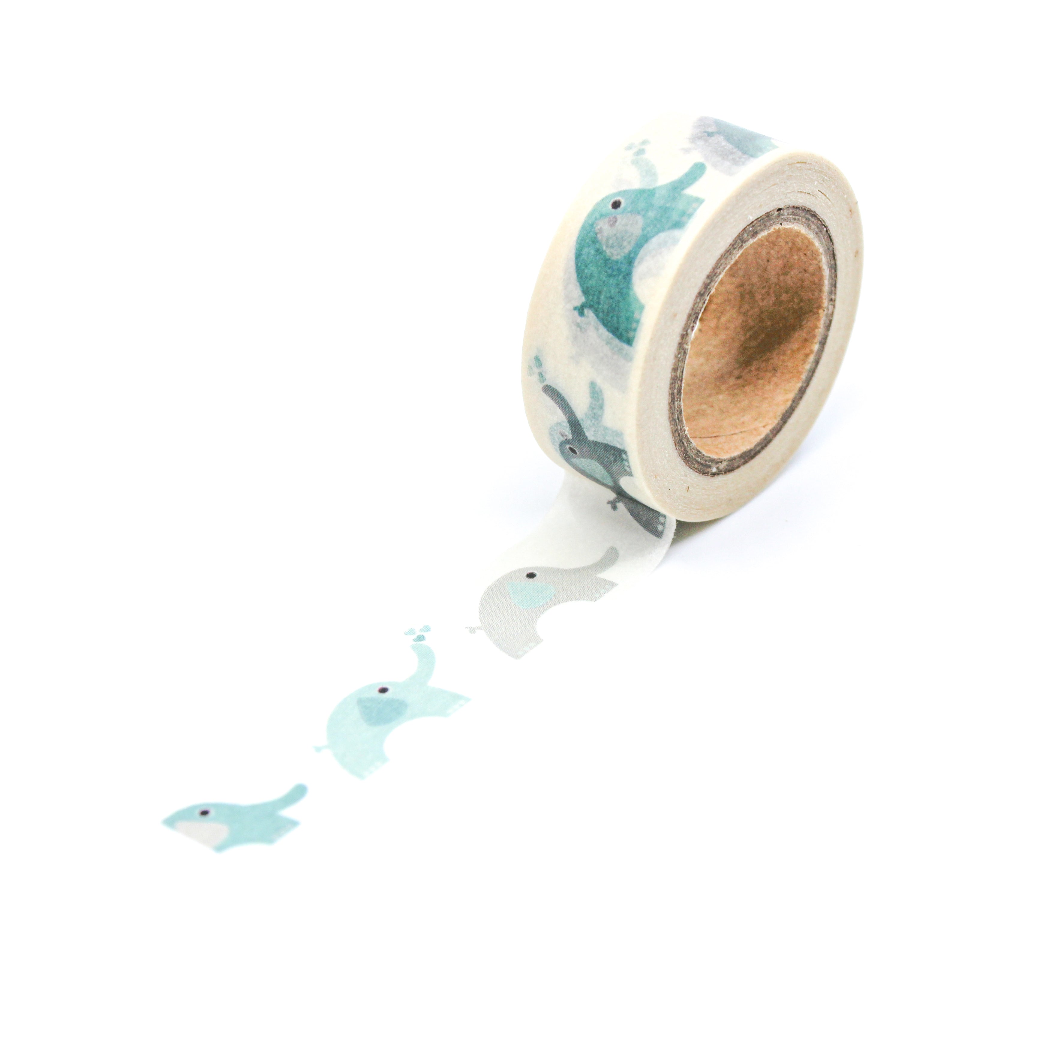 This is a full pattern repeat view of grey nd blue elephants washi tape from BBB Supplies Craft Shop