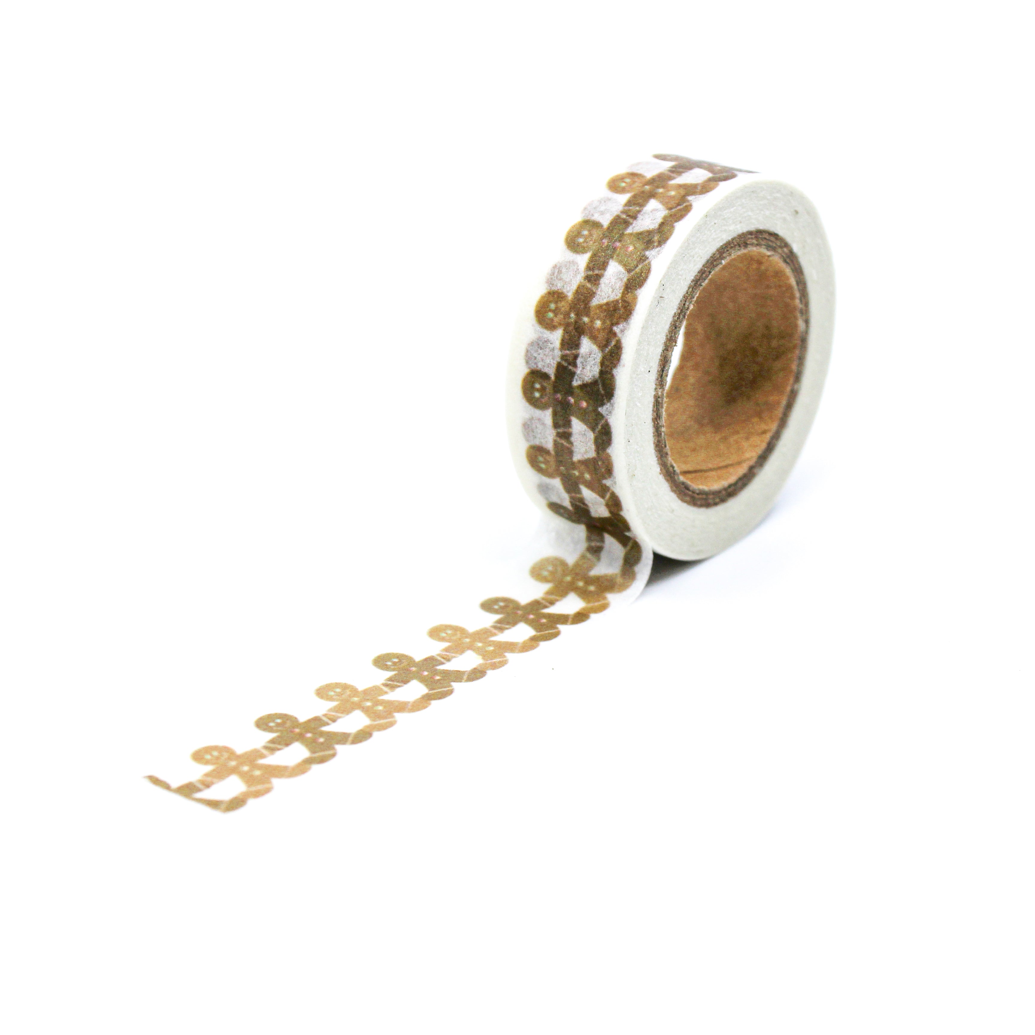 This is a full pattern repeat view of tan gingerbread man washi tape from BBB Supplies Craft Shop