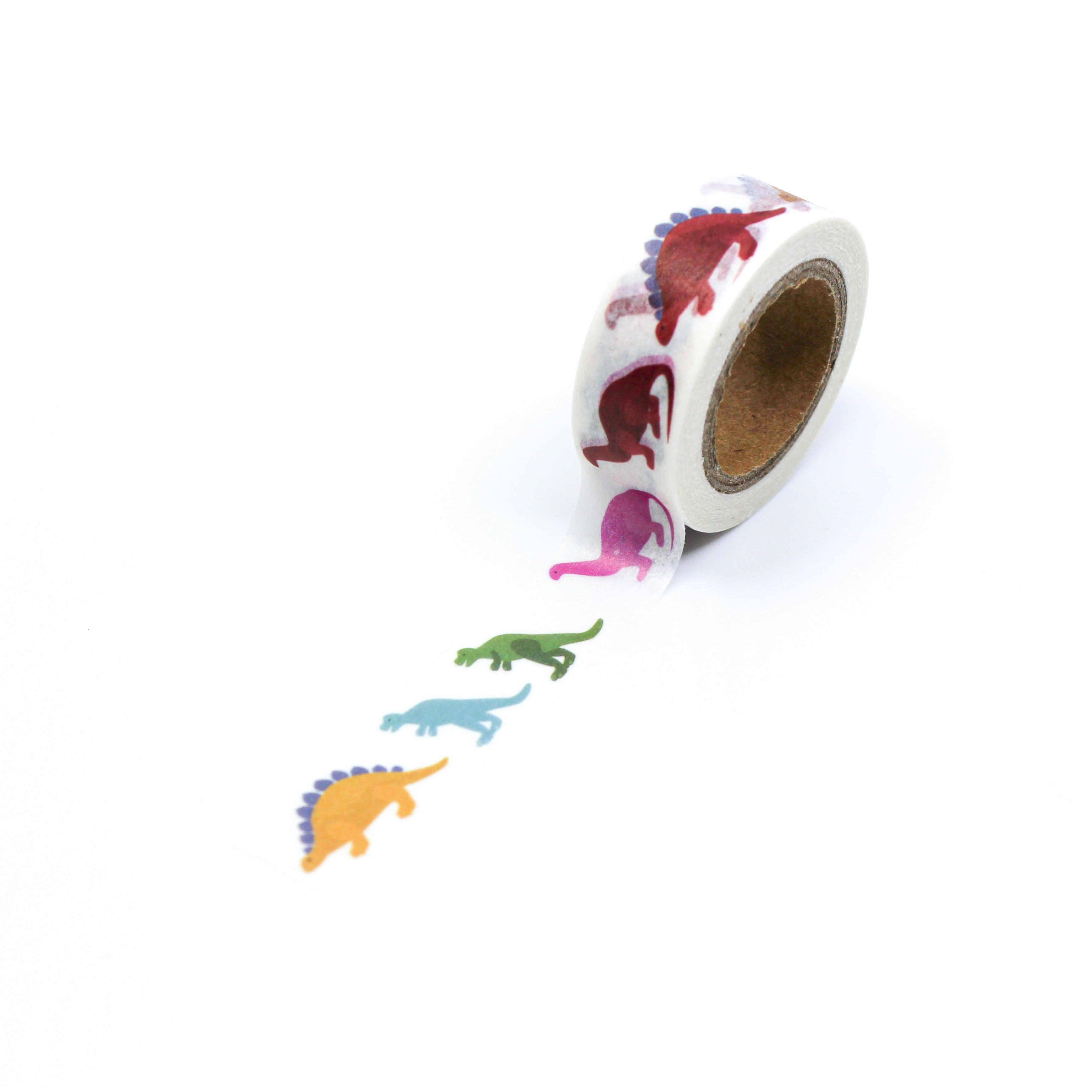 This is a full pattern repeat view of multi-color dinosaurs washi tape from BBB Supplies Craft Shop