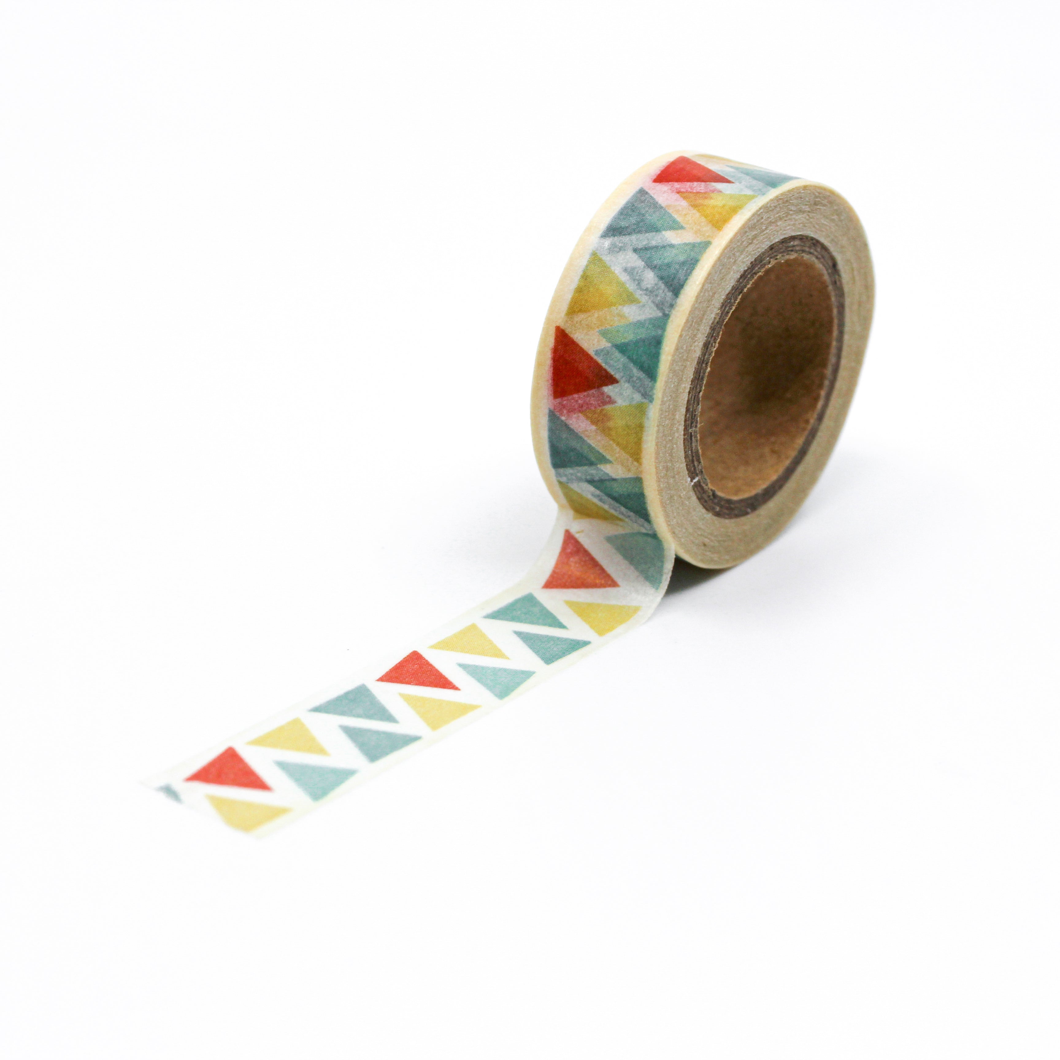 This is an orange, yellow and blue triangles washi tape fromThis is a full pattern repeat view of trio colors geometric triangles washi tape from BBB Supplies Craft Shop BBB Supplies Craft Shop