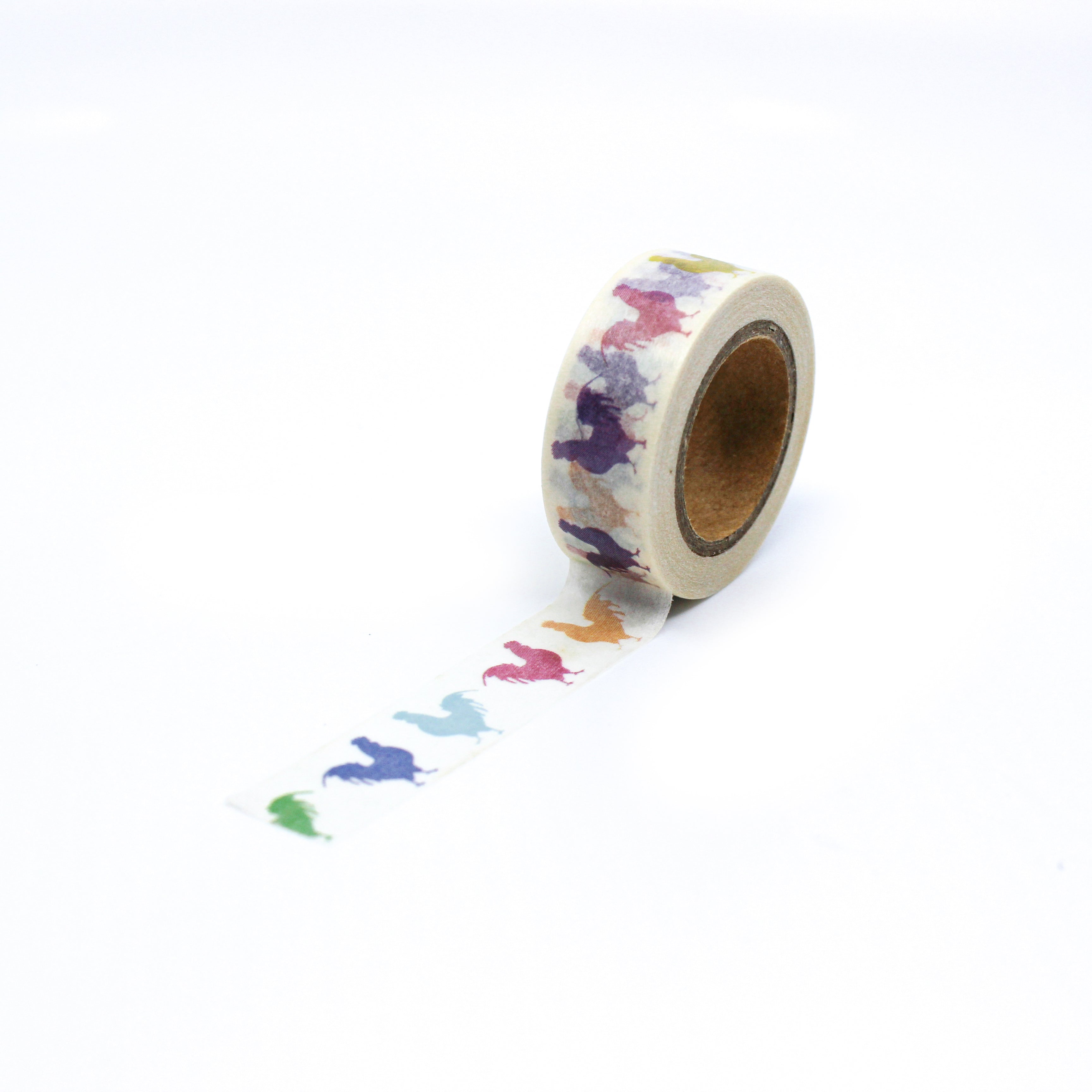 This is a full pattern repeat view of multi-color rooster washi tape from BBB Supplies Craft Shop