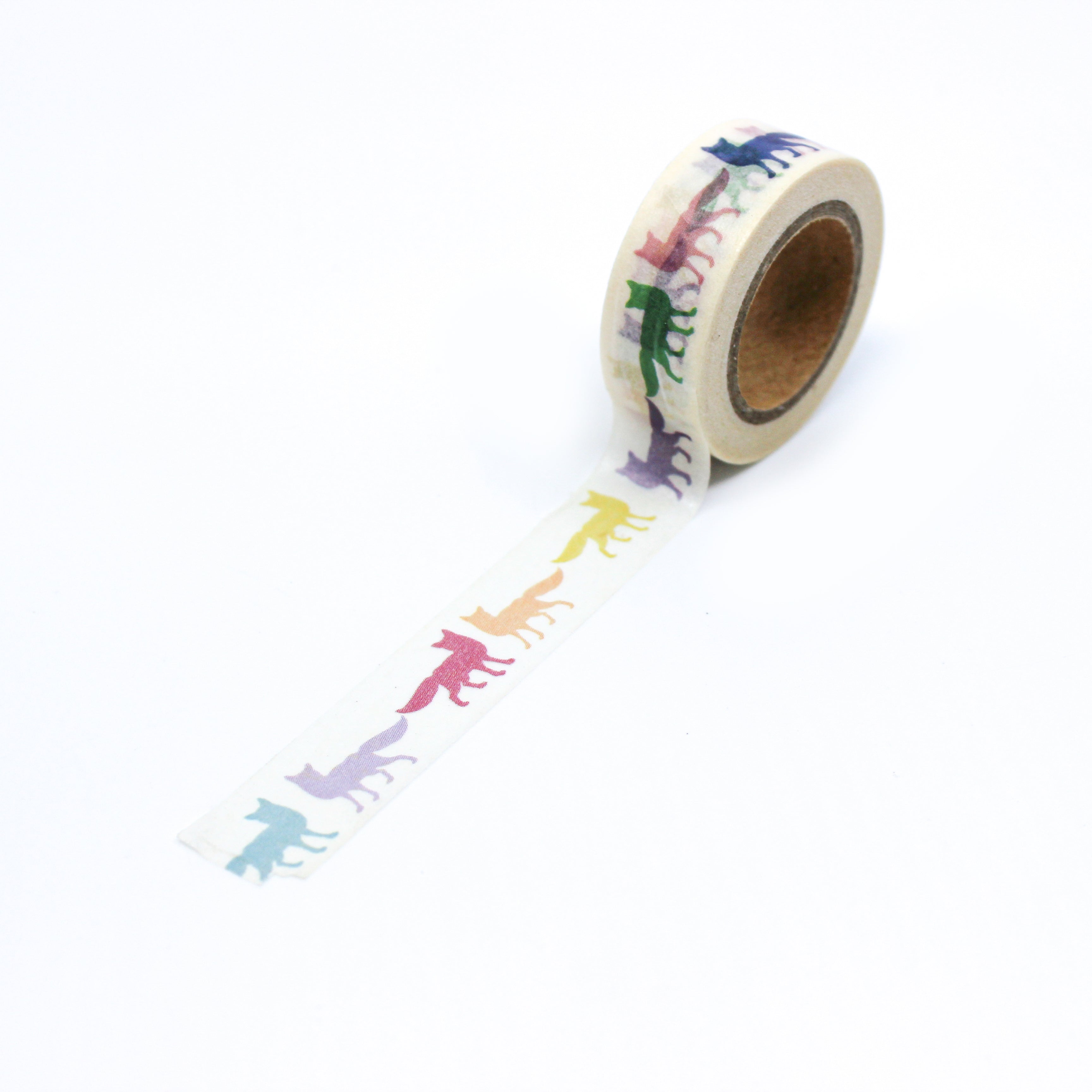 This is a full pattern repeat view of colorful fox standing washi tape from BBB Supplies Craft Shop