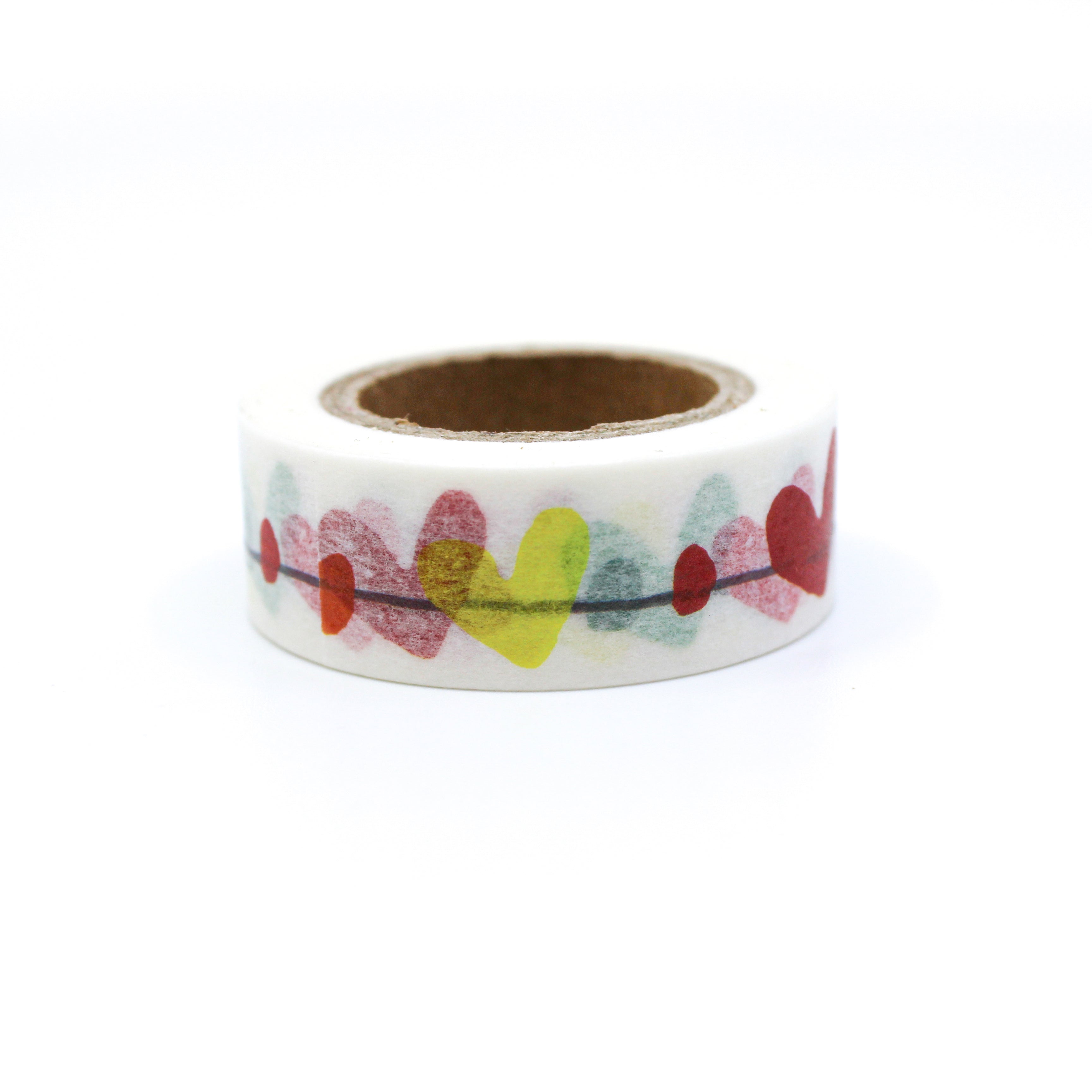This is a multi-color of hearts on a wire in a white background washi tape from BBB Supplies Craft Shop