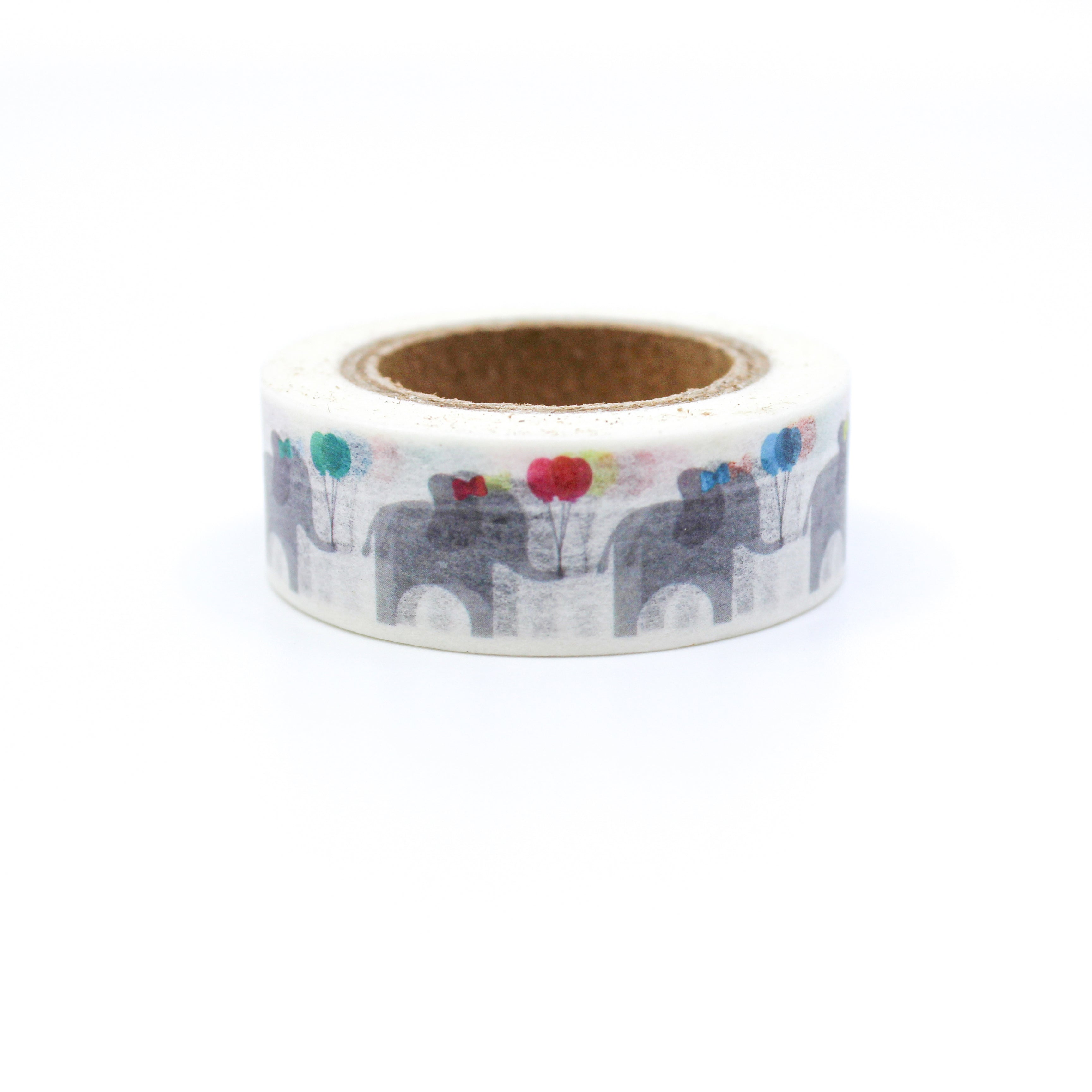 This is a color grey of elephants and balloons in a white background washi tape from BBB Supplies Craft Shop