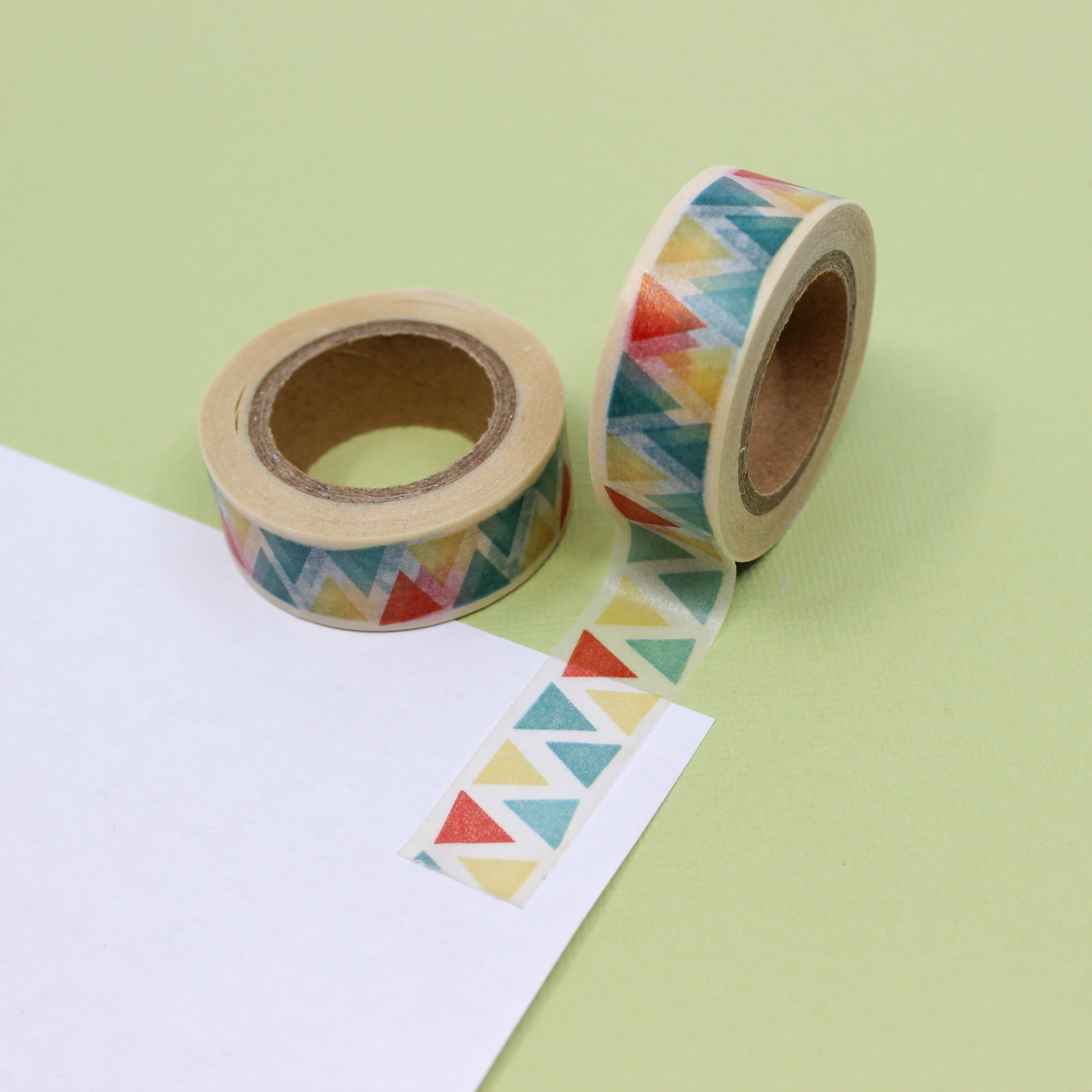 This is an orange, yellow and blue triangles washi tape from BBB Supplies Craft Shop