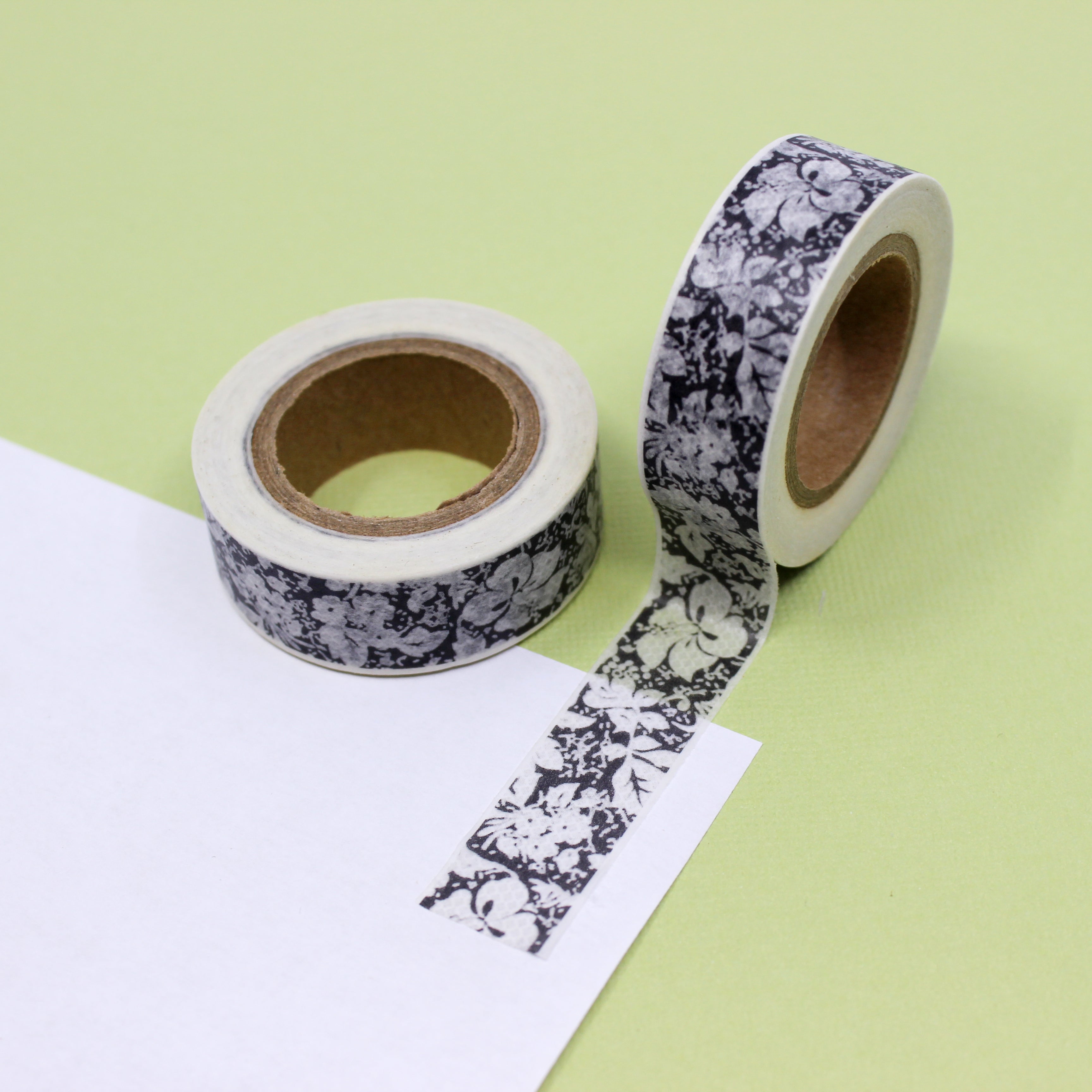 This is a black and white Hawaiian flowers washi tape from BBB Supplies Craft Shop