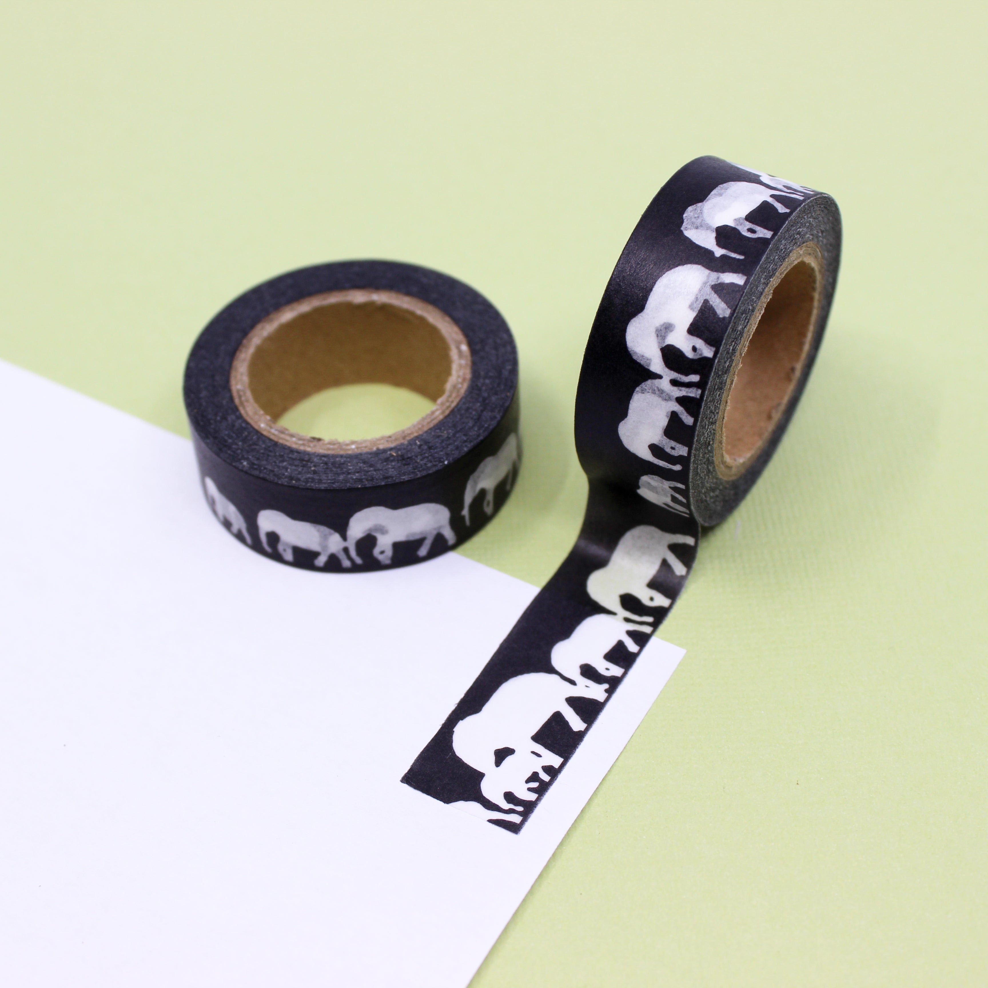 This is a black and white elephant pattern Washi Tape from BBB Supplies Craft Shop