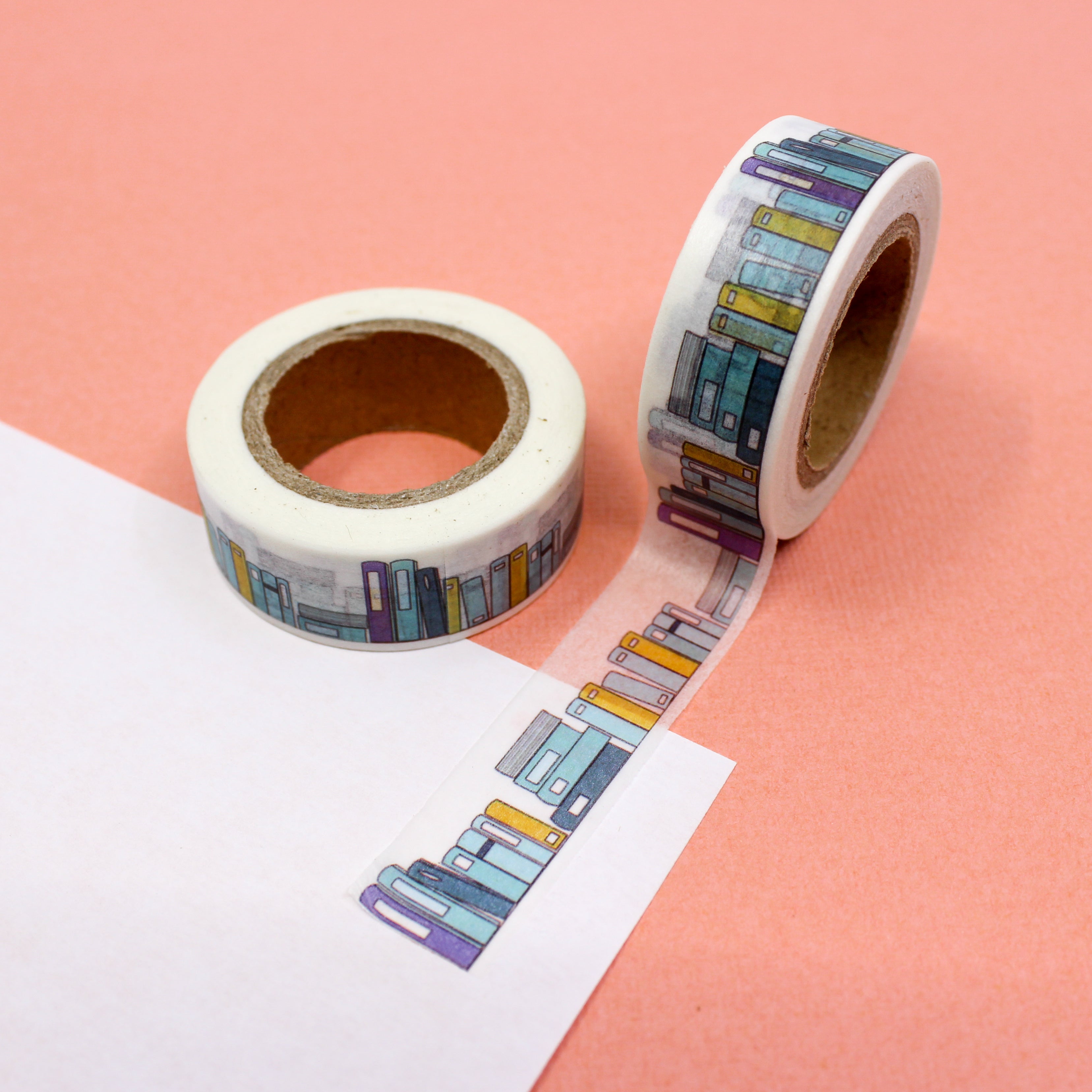 This is a blue and yellow books on a shelf pattern washi tape from BBB Supplies Craft Shop