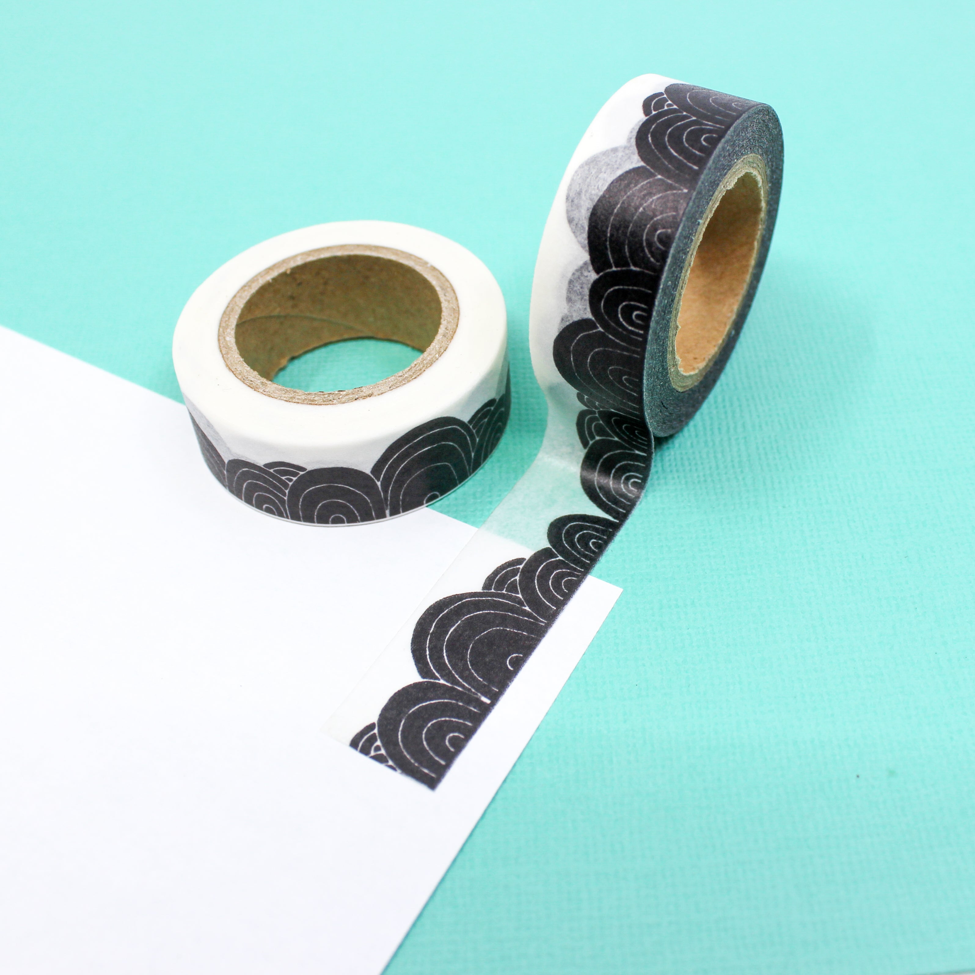 This is a black puffy dream clouds pattern Washi Tape from BBB Supplies Craft Shop