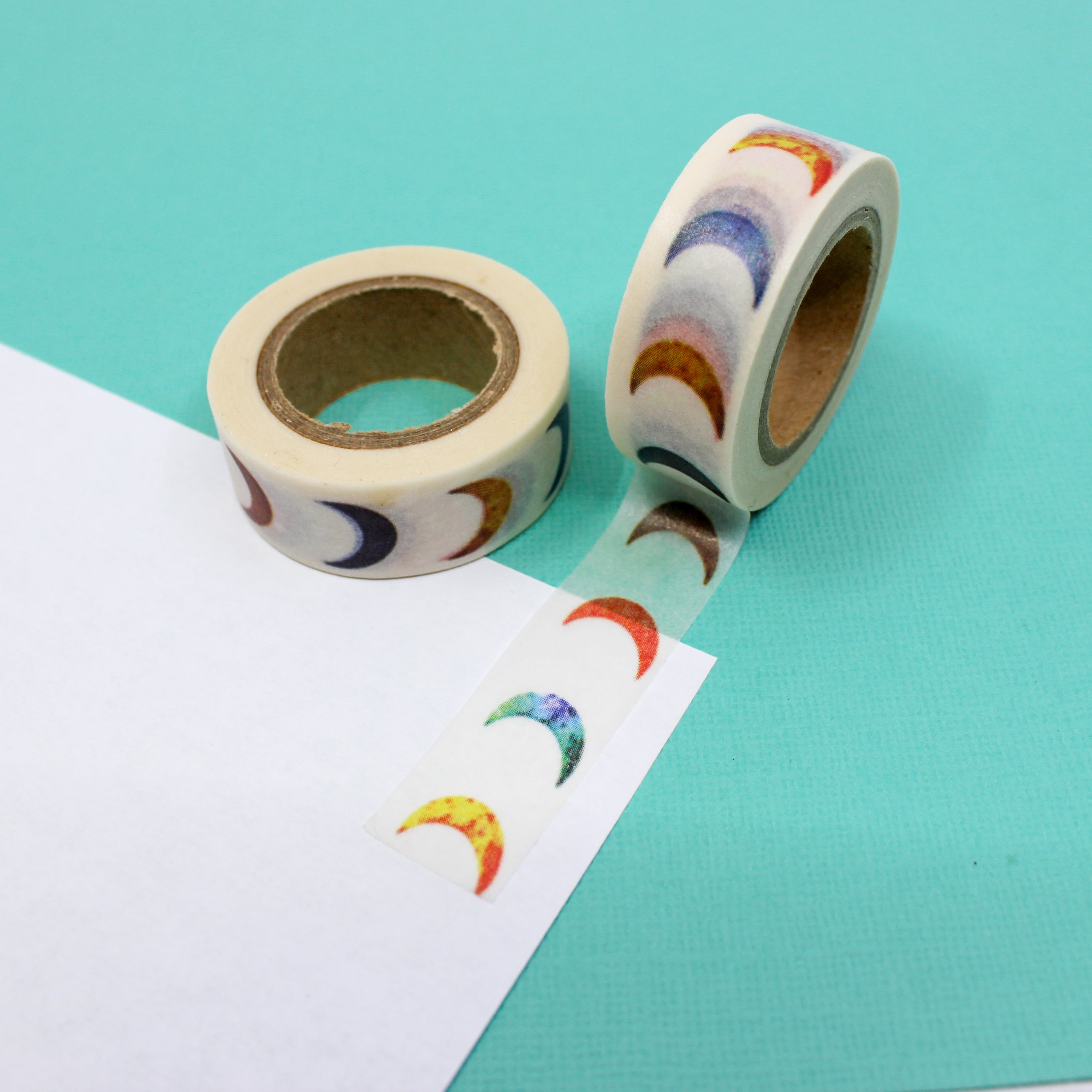 This is a multi color crescent moon view themed washi tape from BBB Supplies Craft Shop