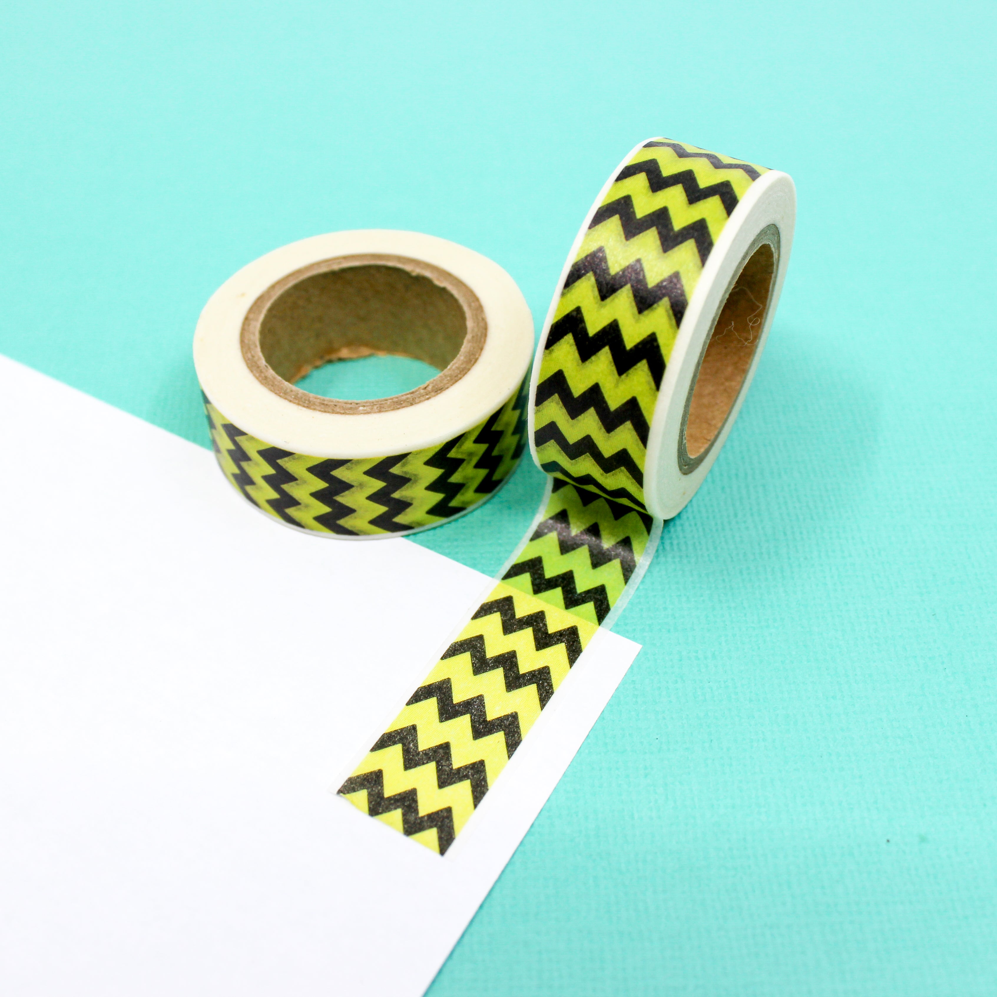 This is a yellow and black chevron view themed washi tape from BBB Supplies Craft Shop