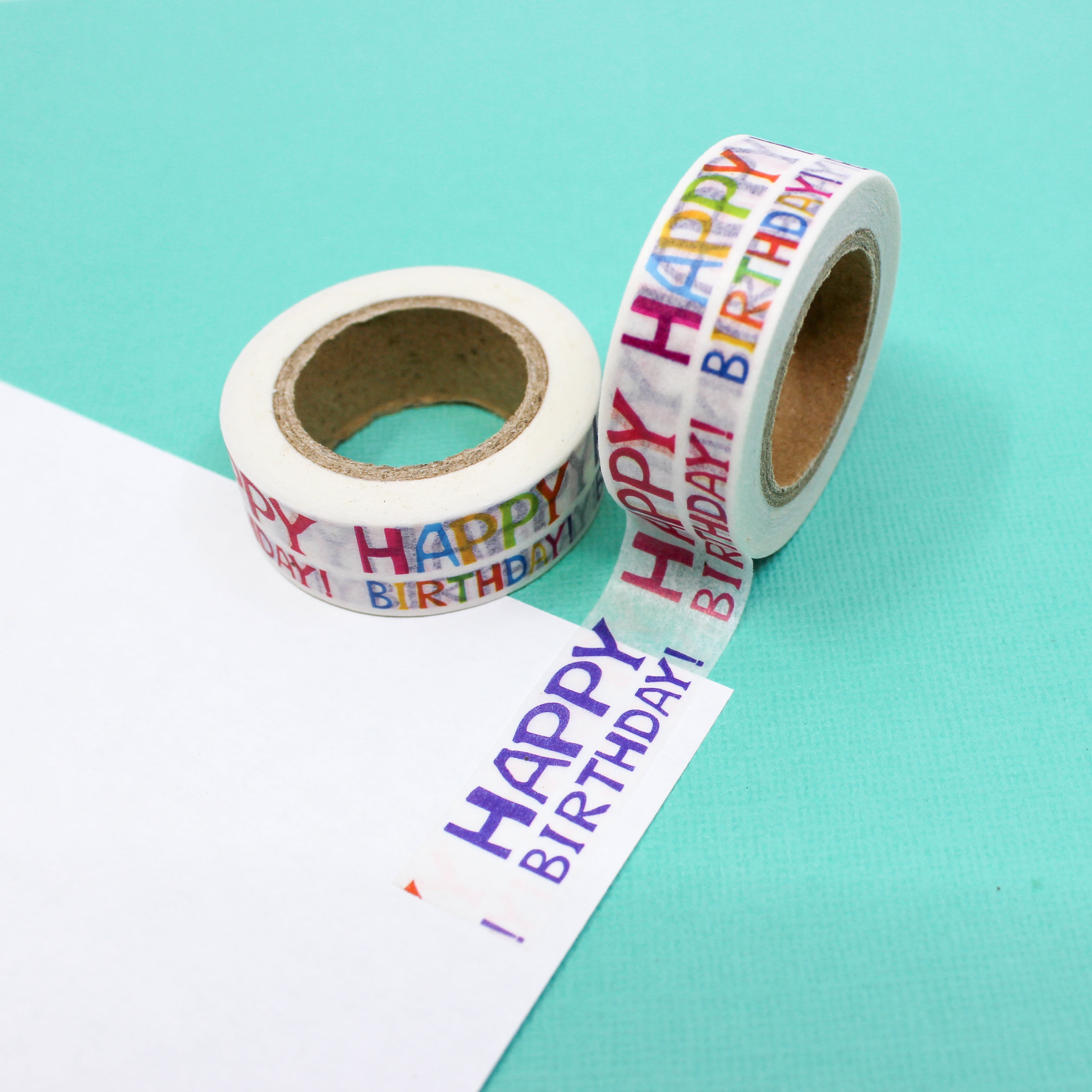 This is a colorful happy birthday phrase pattern Washi Tape from BBB Supplies Craft Shop