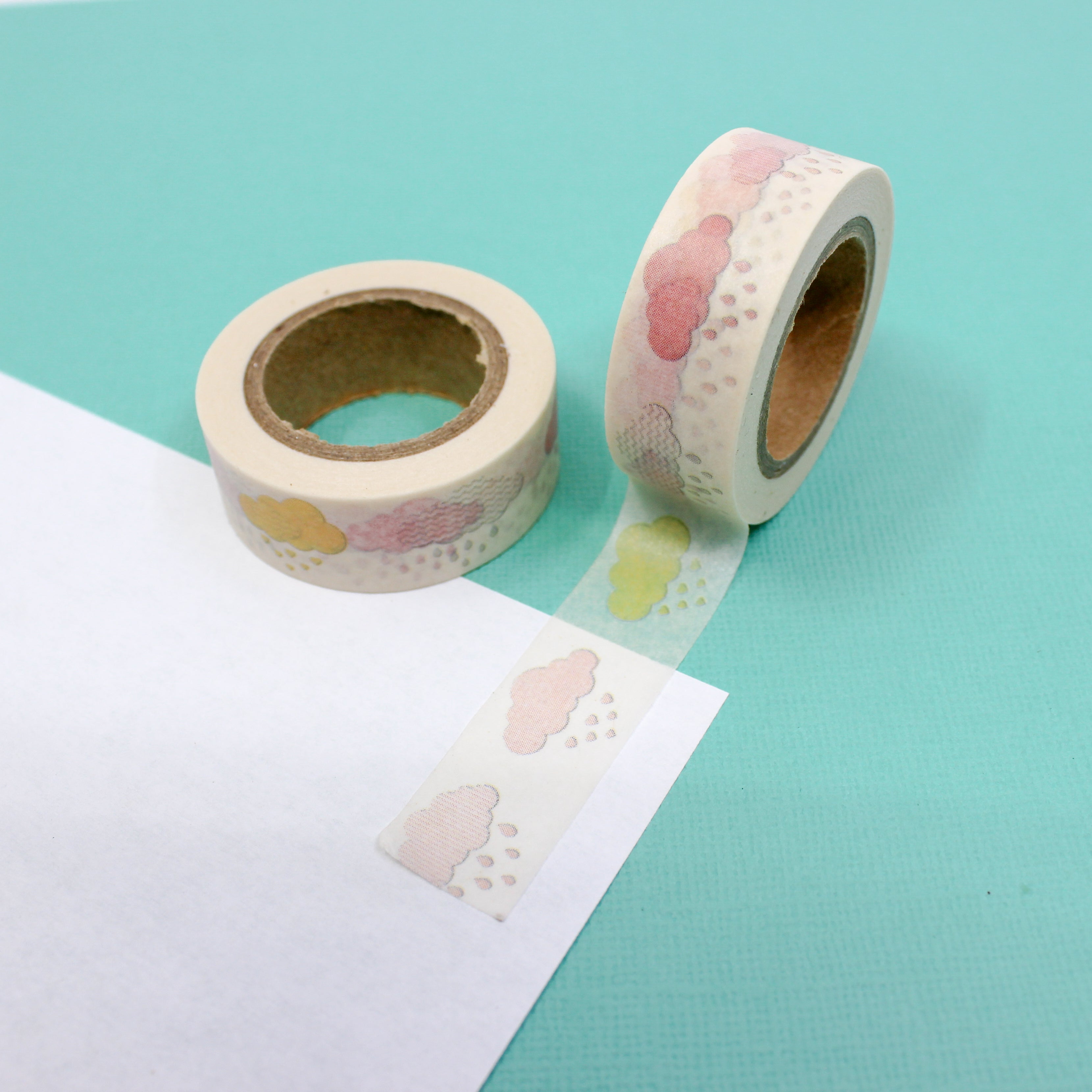 This is a colorful clouds with raindrops pattern Washi Tape from BBB Supplies Craft Shop