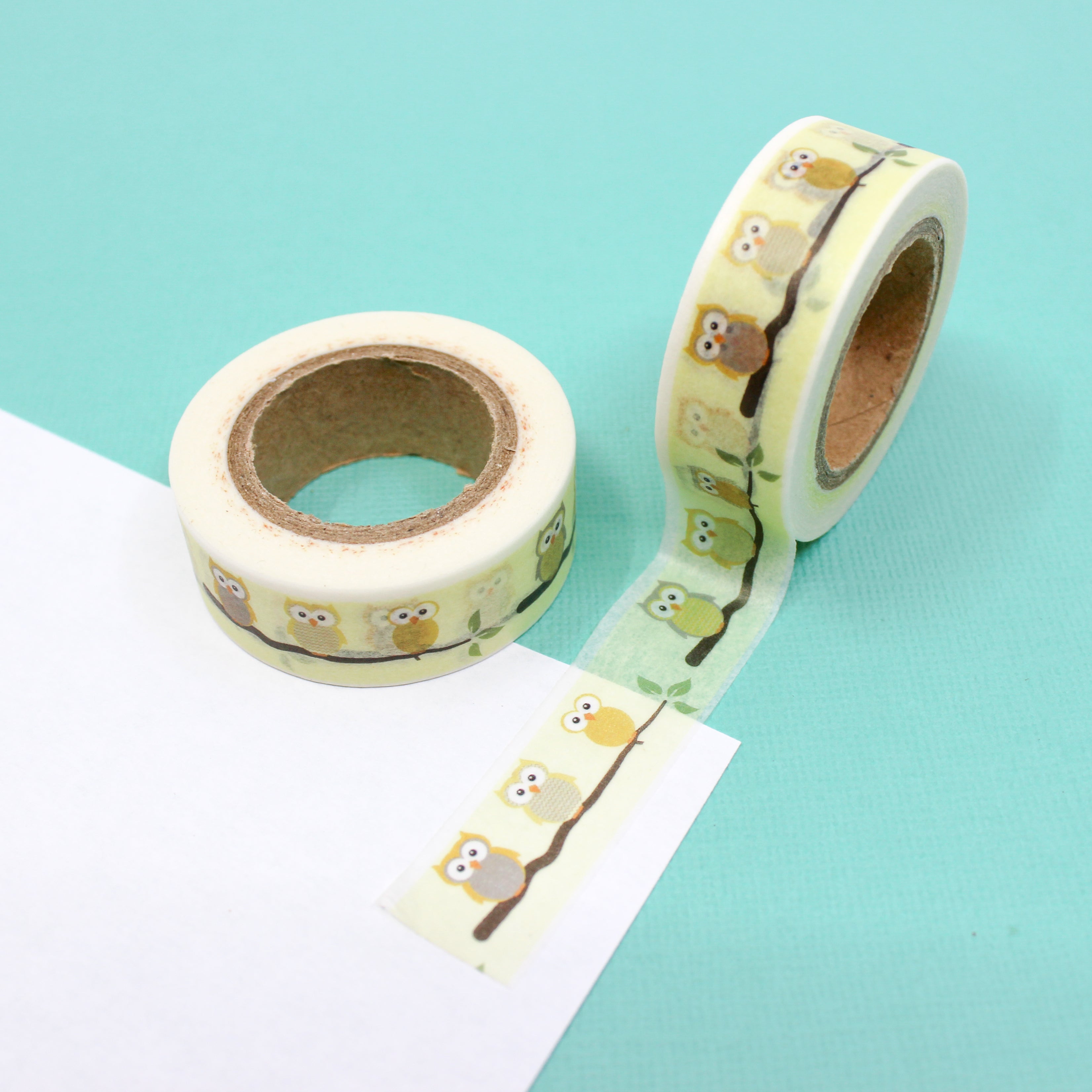 This is a cute yellow owls on tree branch view themed washi tape from BBB Supplies Craft Shop