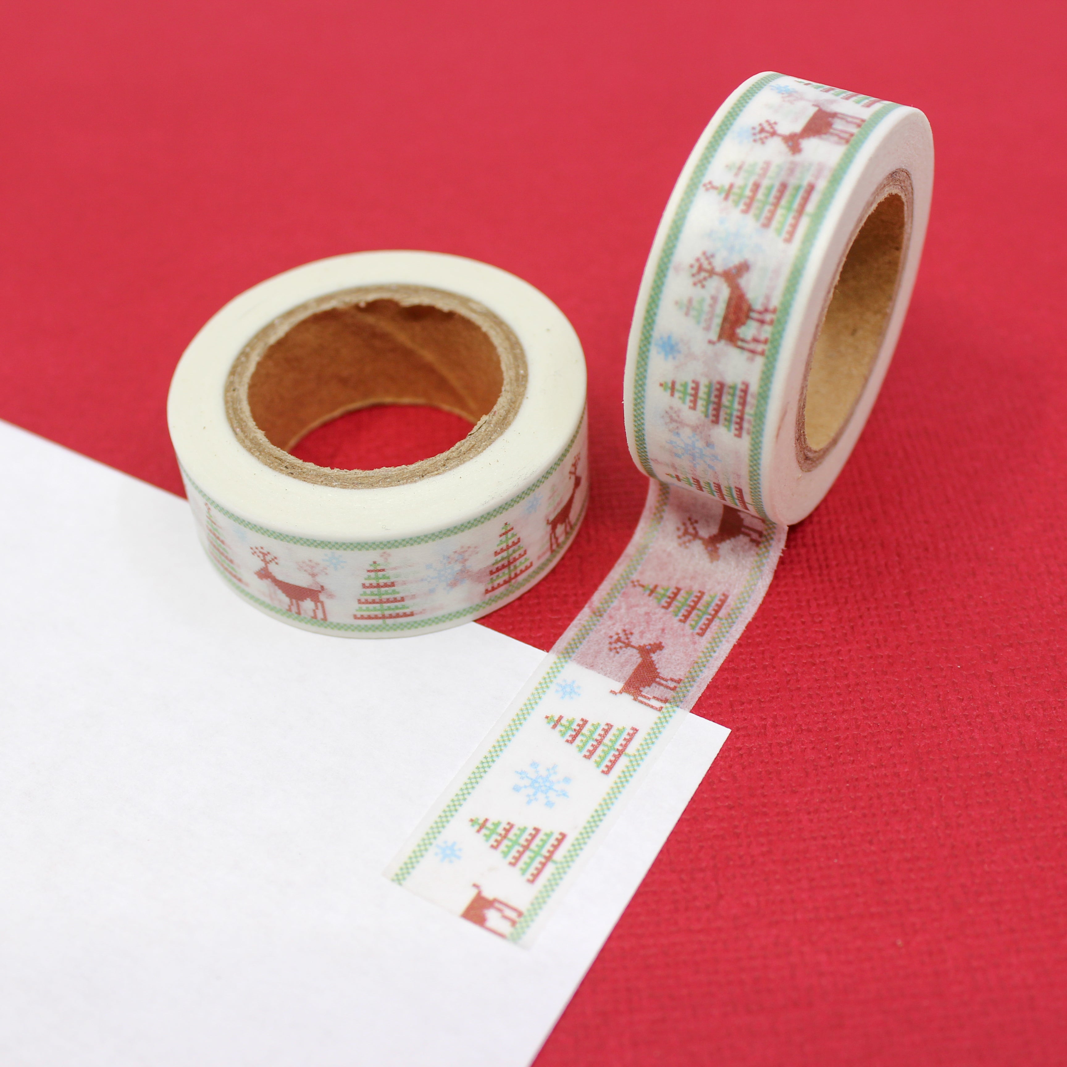 This is a colorful little reindeer beside with the Christmas tree pattern Washi Tape from BBB Supplies Craft Shop