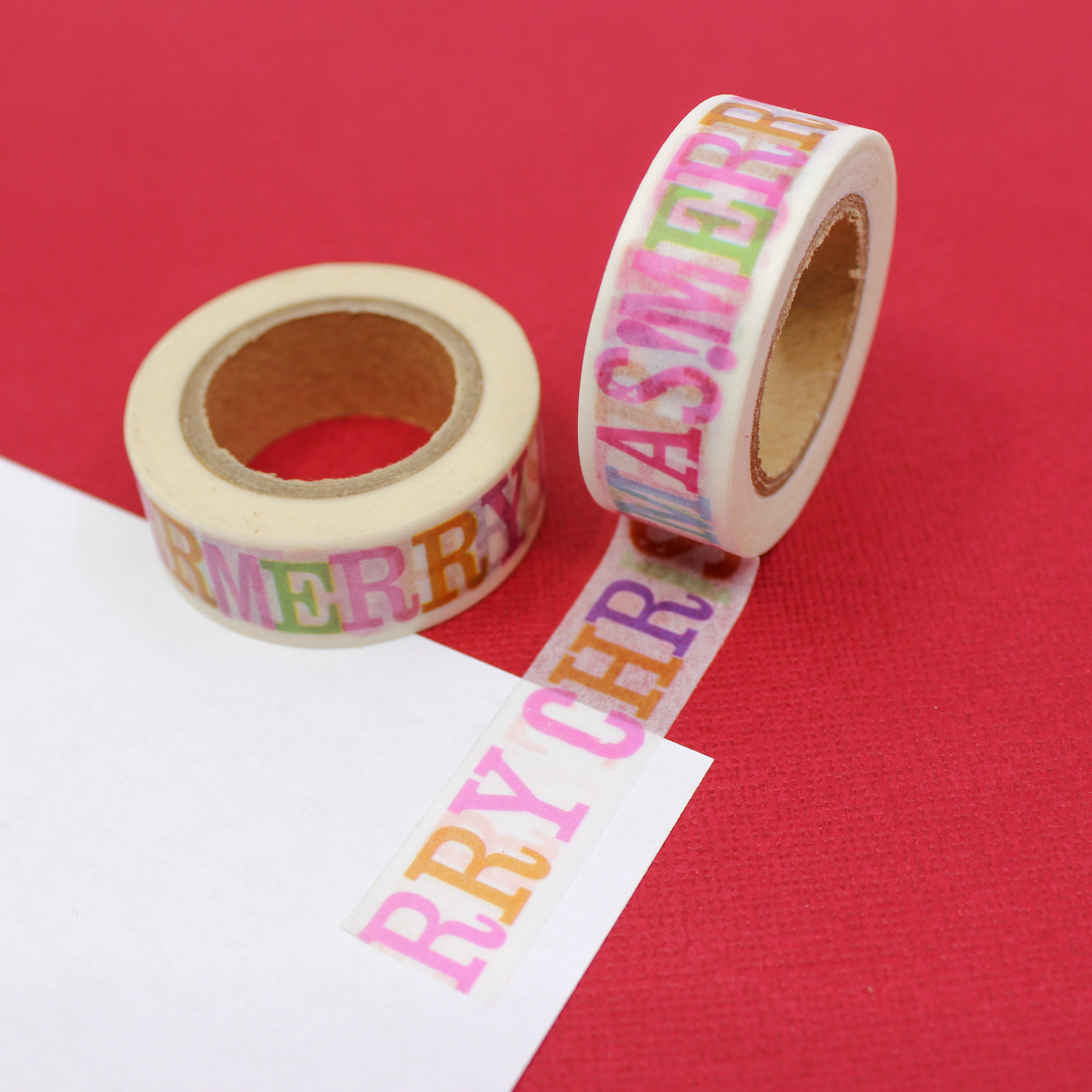 This is a colorful block letters of Merry Christmas text or greetings pattern Washi Tape from BBB Supplies Craft Shop