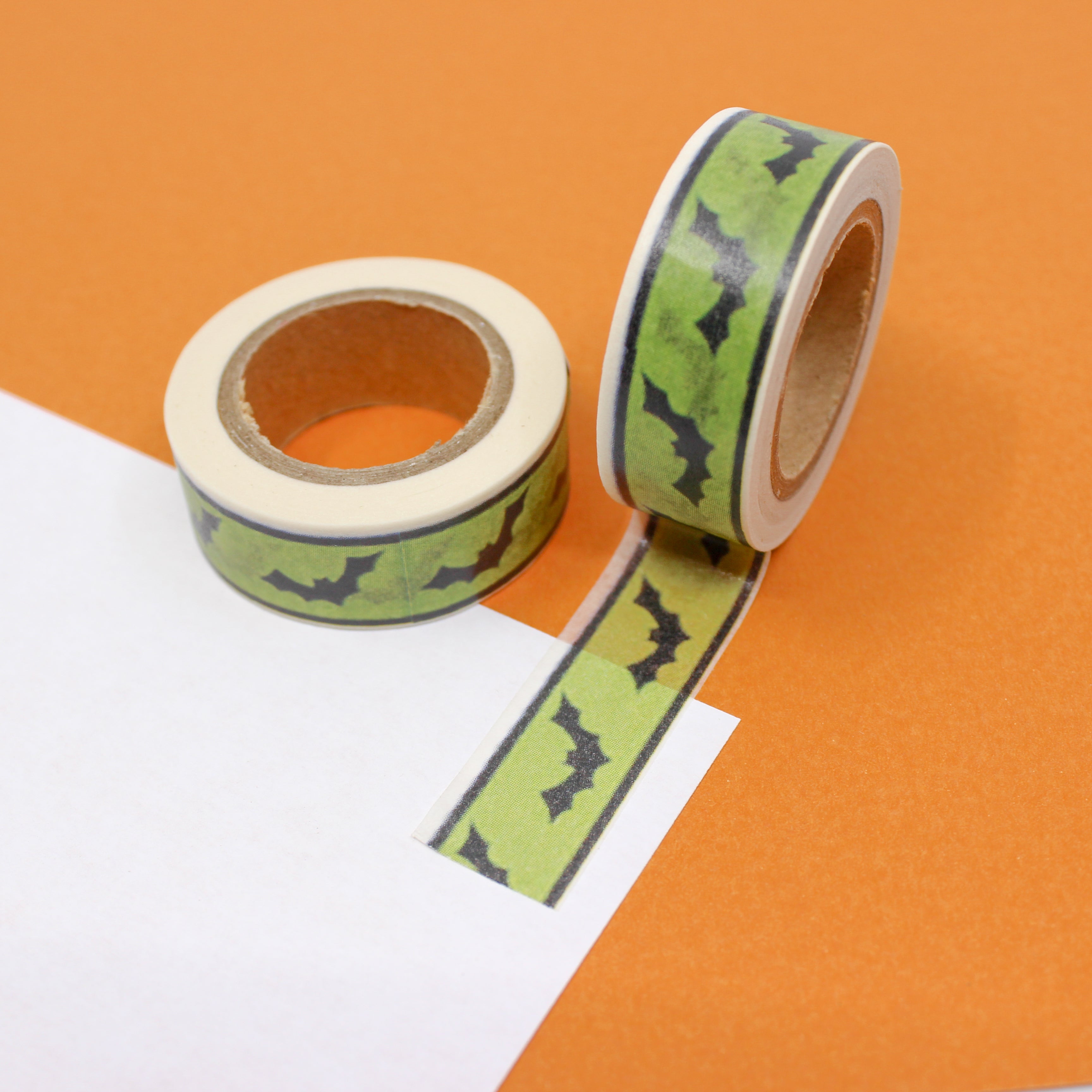 This is a black bats in a neon green background view themed washi tape from BBB Supplies Craft Shop