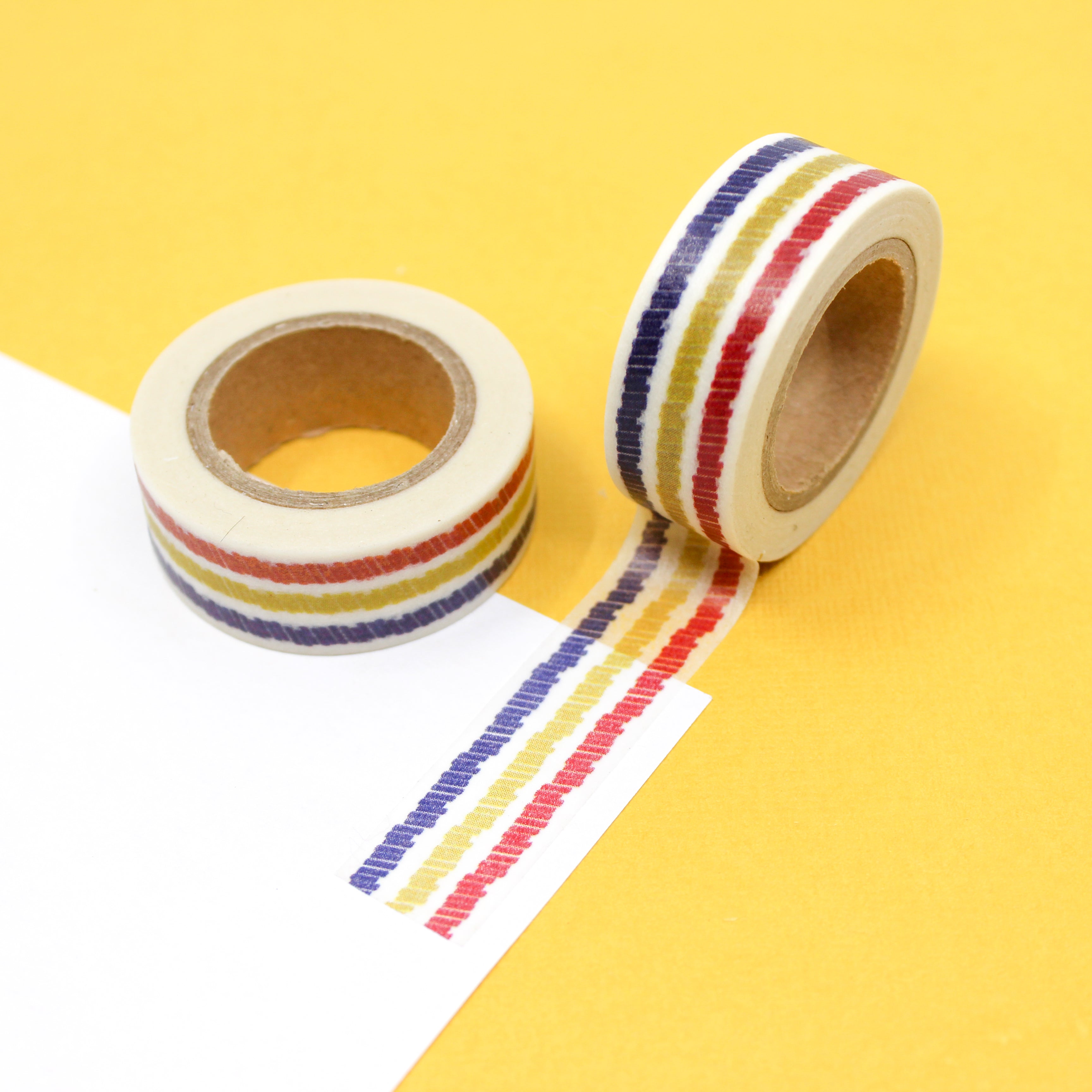 This is a red, yellow and blue crayon stripe pattern Washi Tape from BBB Supplies Craft Shop