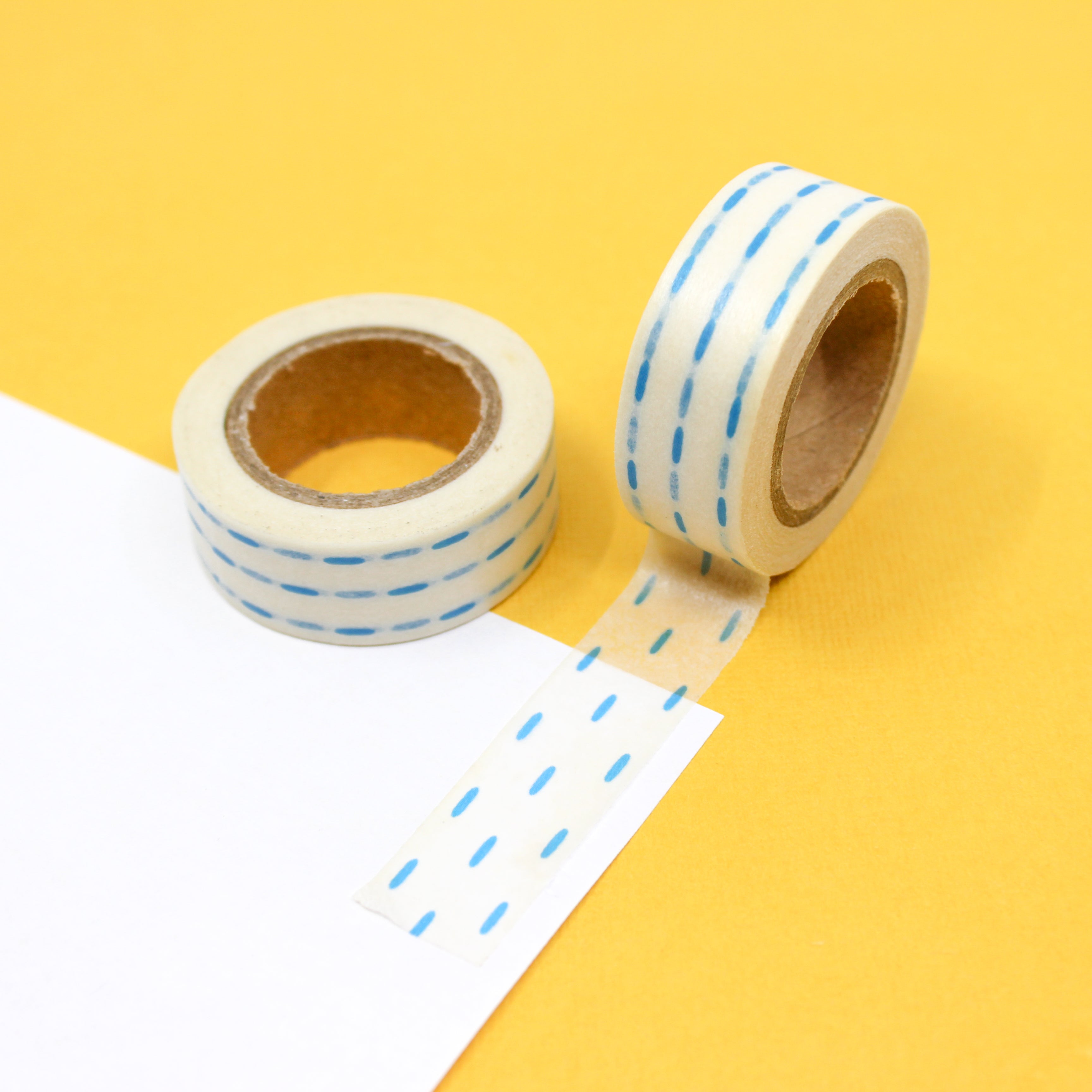 This is a blue dashed lines or dot pattern washi tape from BBB Supplies Craft Shop