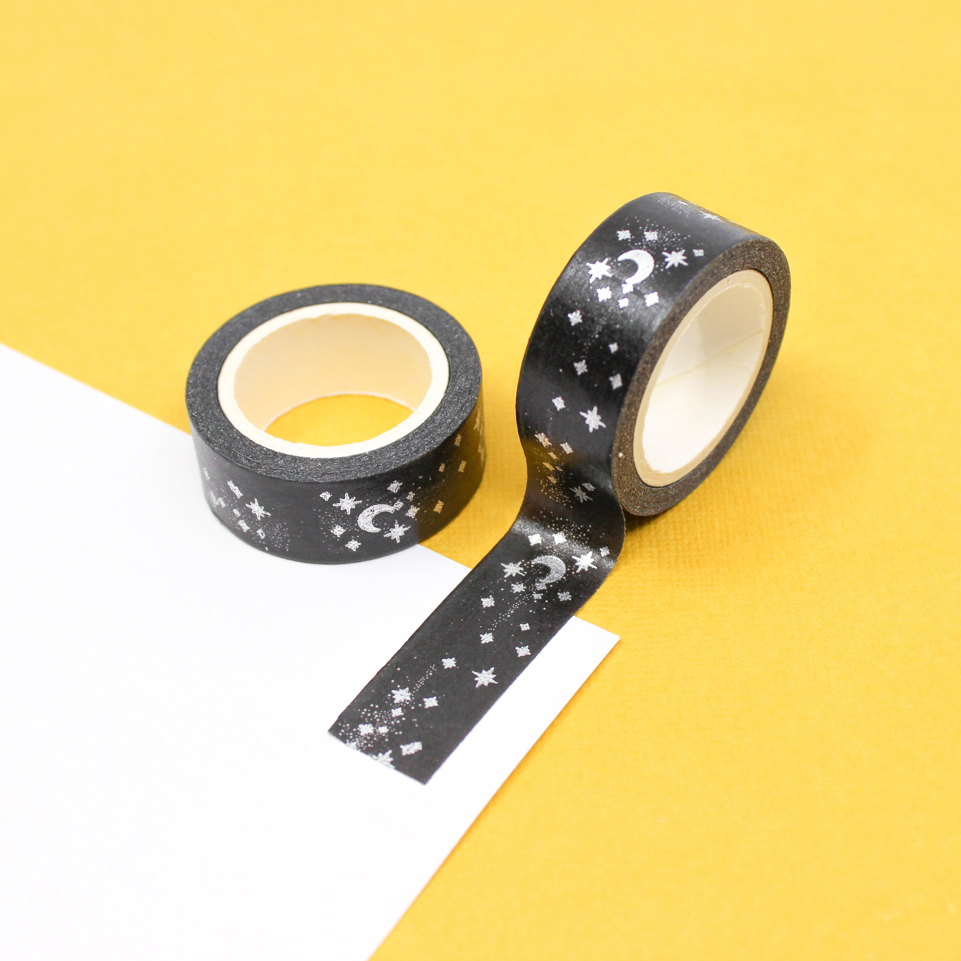 This is black and silver foil celestial moon and star at one starry night Washi Tape from BBB Supplies Craft Shop