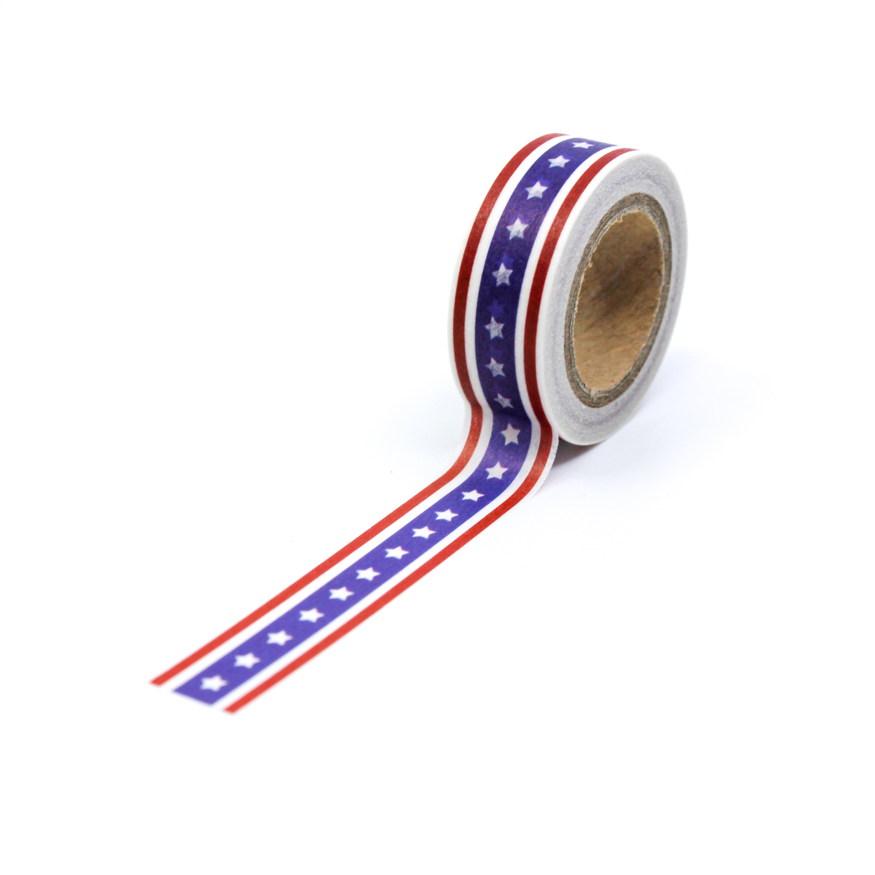 This is a full pattern repeat view of an American star red, blue and white stripe pattern Washi Tape from BBB Supplies Craft Shop