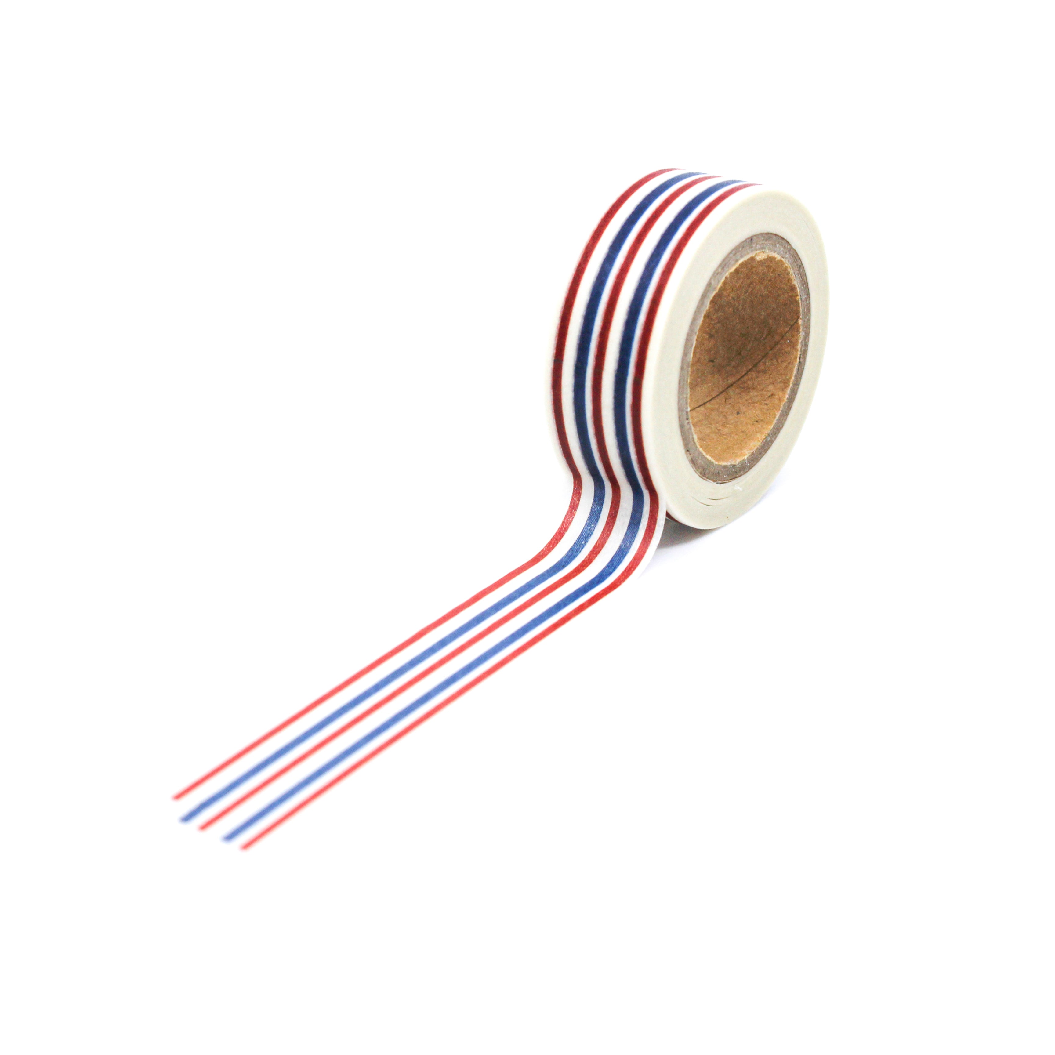 This is a full pattern repeat view of red and blue stripes washi tape from BBB Supplies Craft Shop