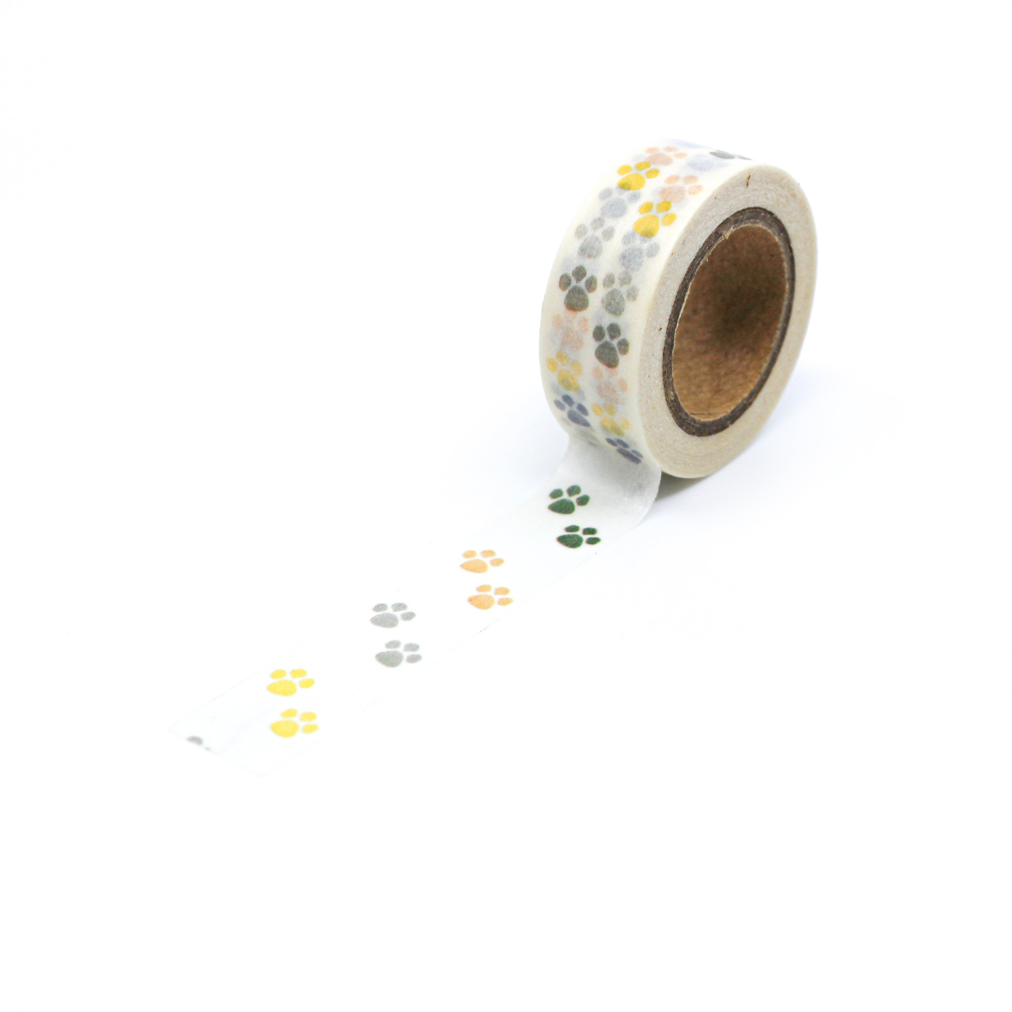 This is a full pattern repeat view of colorful animal paw prints washi tape from BBB Supplies Craft Shop