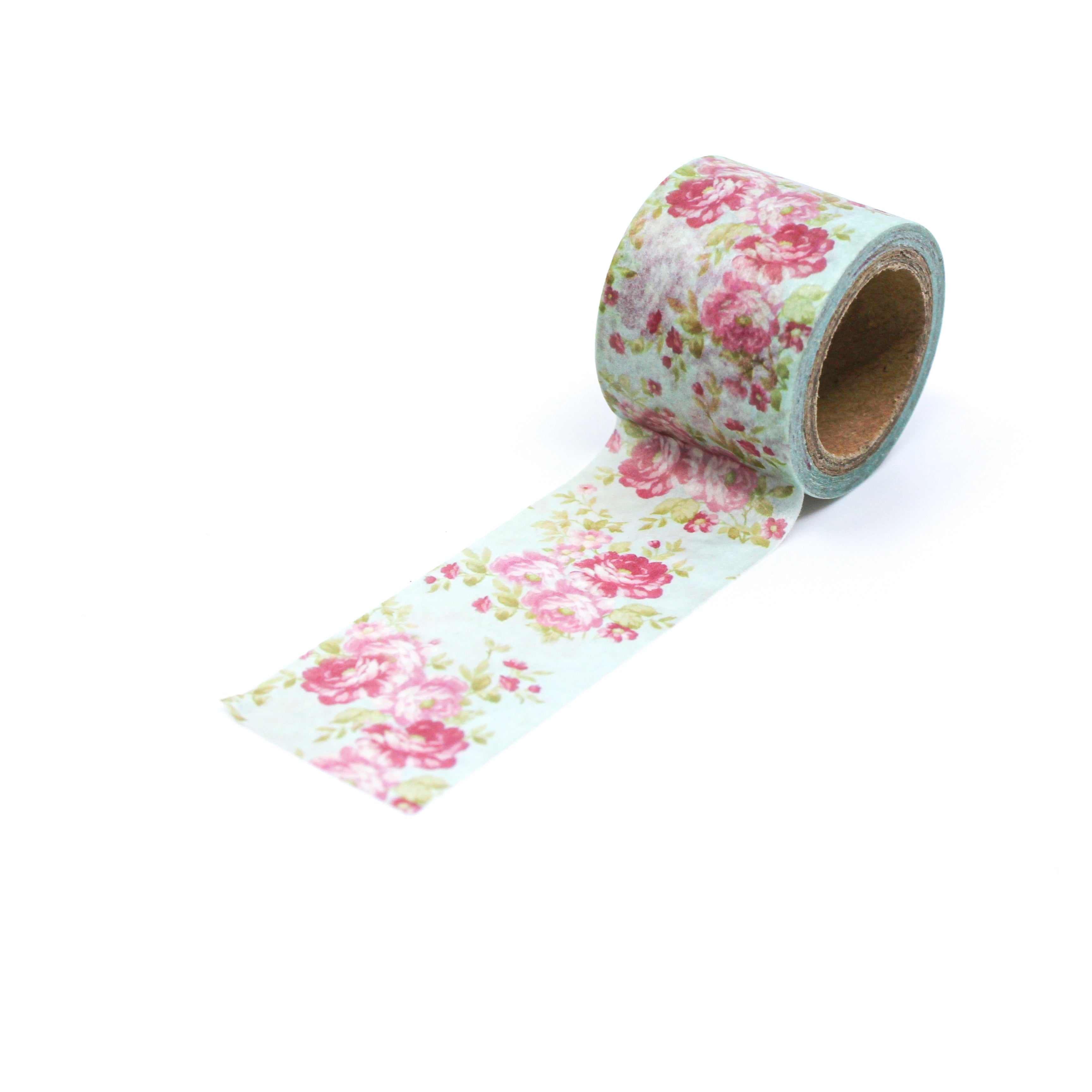 This is a full pattern repeat view vintage blue and pink flowers washi tape BBB Supplies Craft Shop