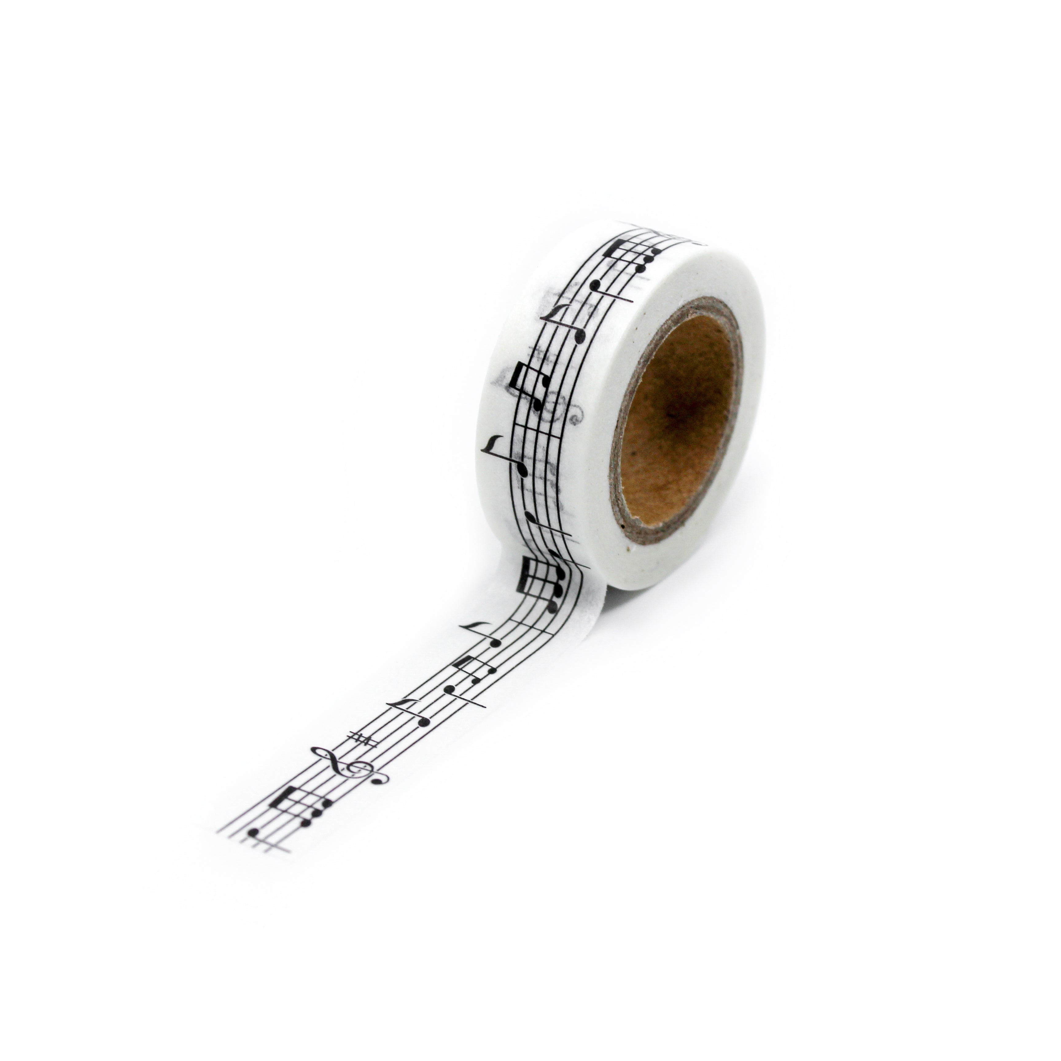 This is a full pattern repeat view of black and white musical notes pattern Washi Tape from BBB Supplies Craft Shop