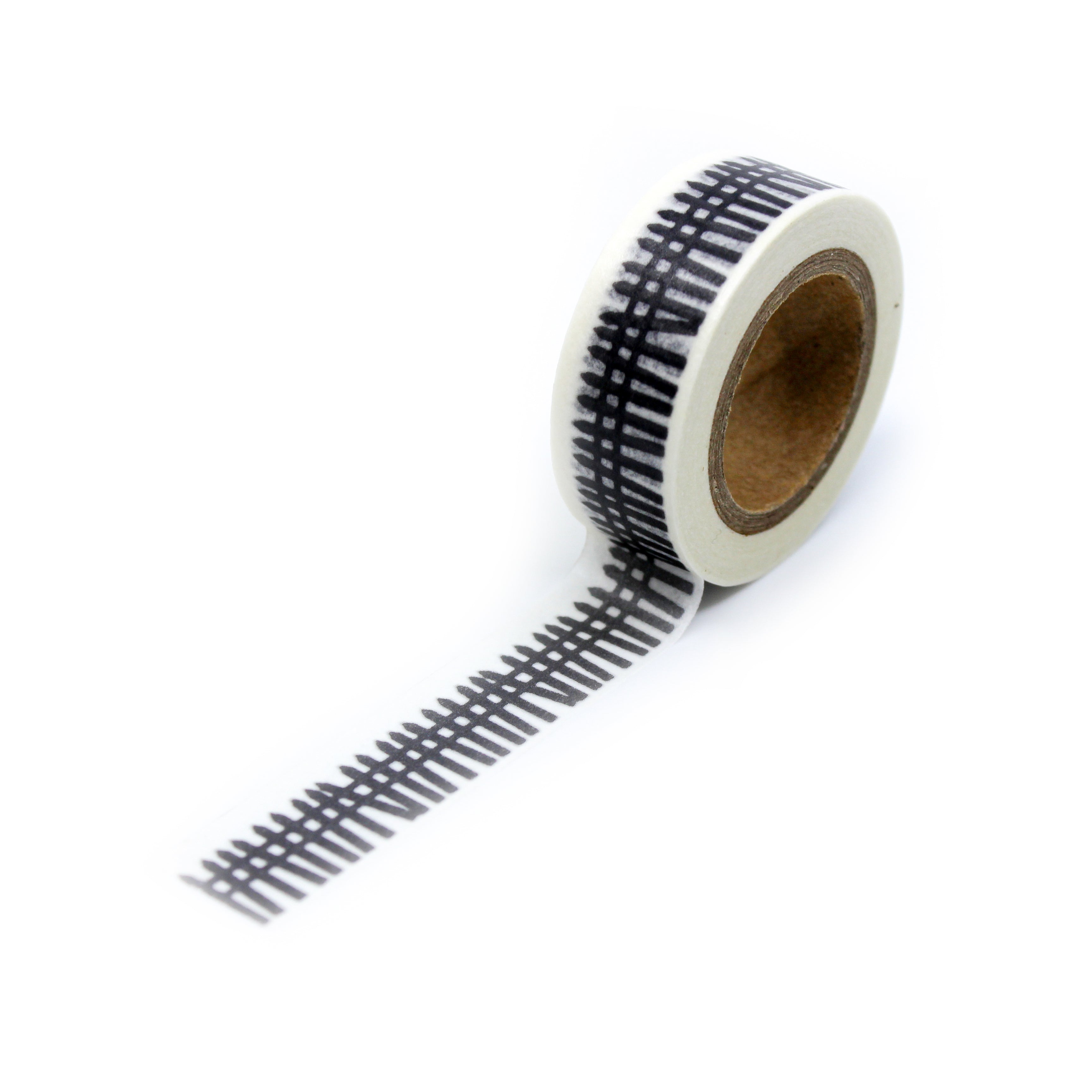 This is a full pattern repeat view of black fence and white horizontal stripes pattern Washi Tape from BBB Supplies Craft Shop