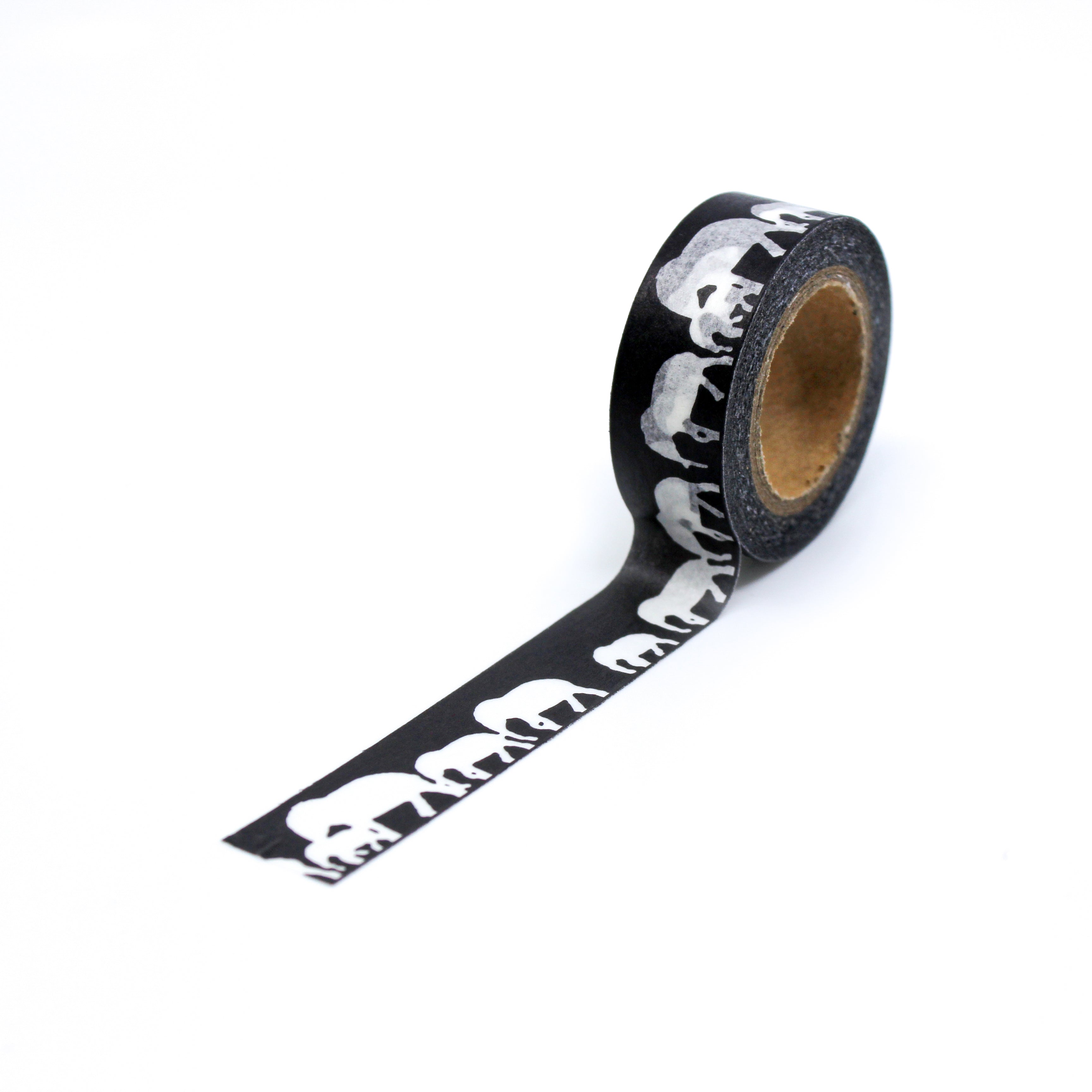This is a full pattern repeat view of black and white elephants pattern Washi Tape from BBB Supplies Craft Shop