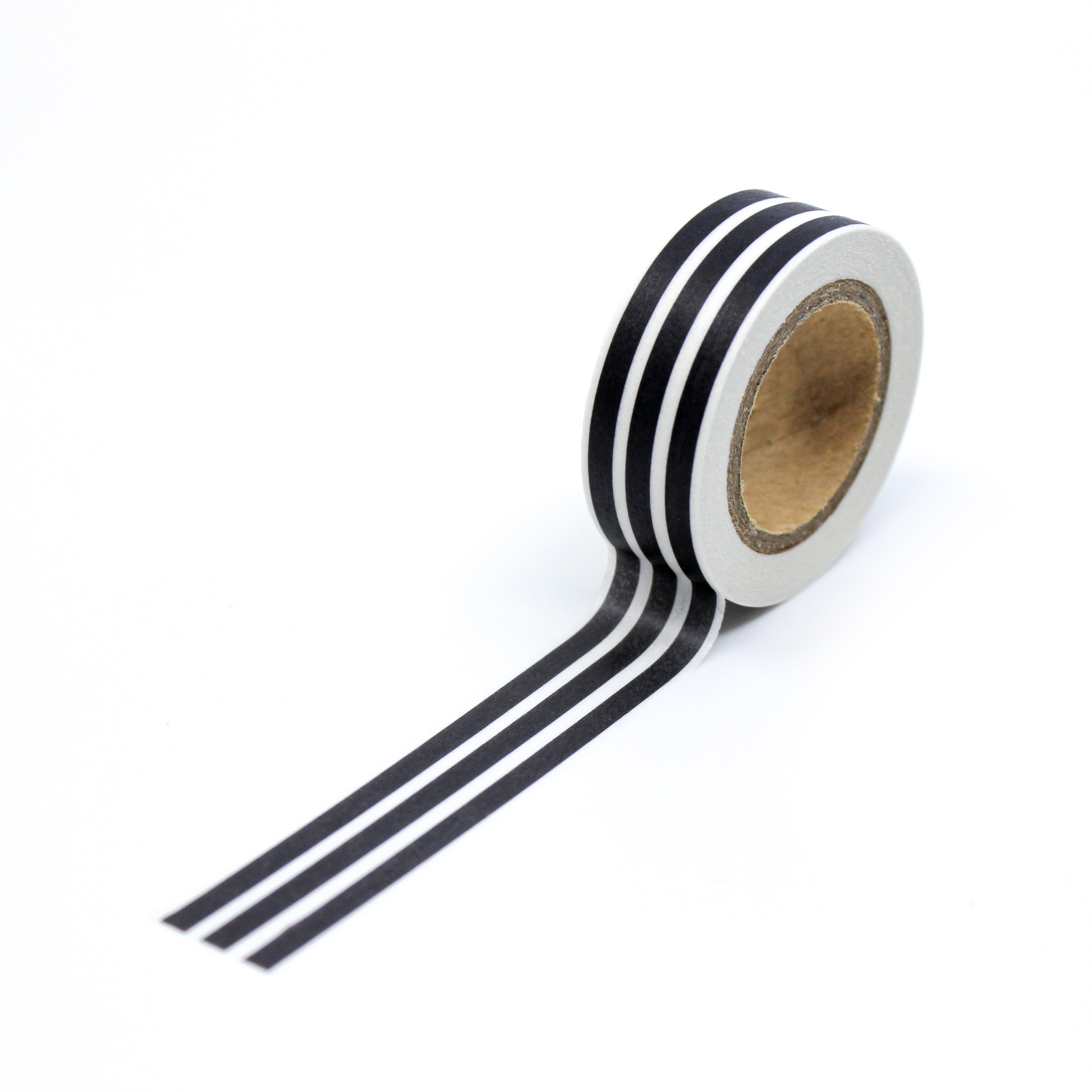 This is a full pattern repeat view of black and white vertical stripes pattern Washi Tape from BBB Supplies Craft Shop
