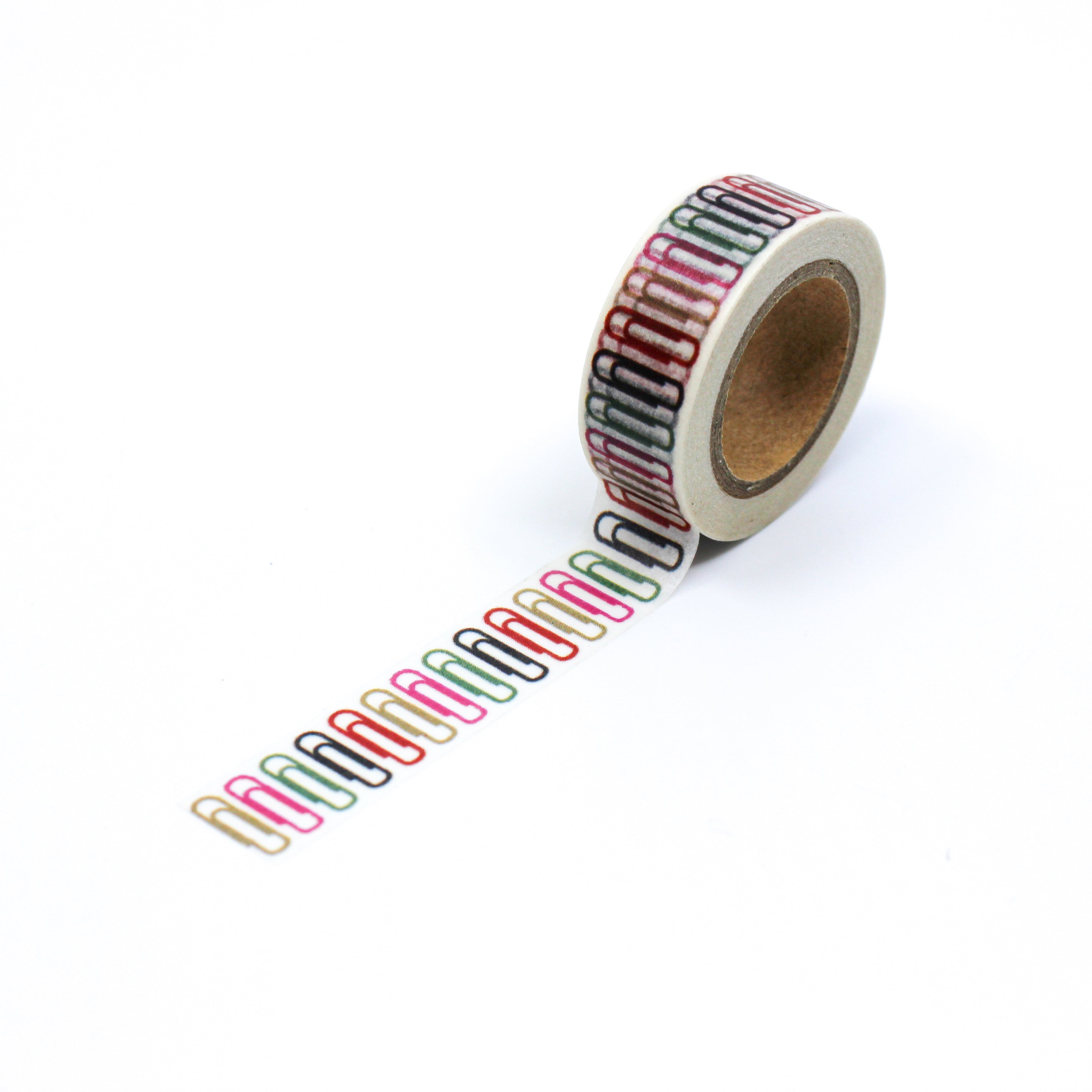 This is a full pattern repeat view of different color of paper clips pattern Washi Tape from BBB Supplies Craft Shop