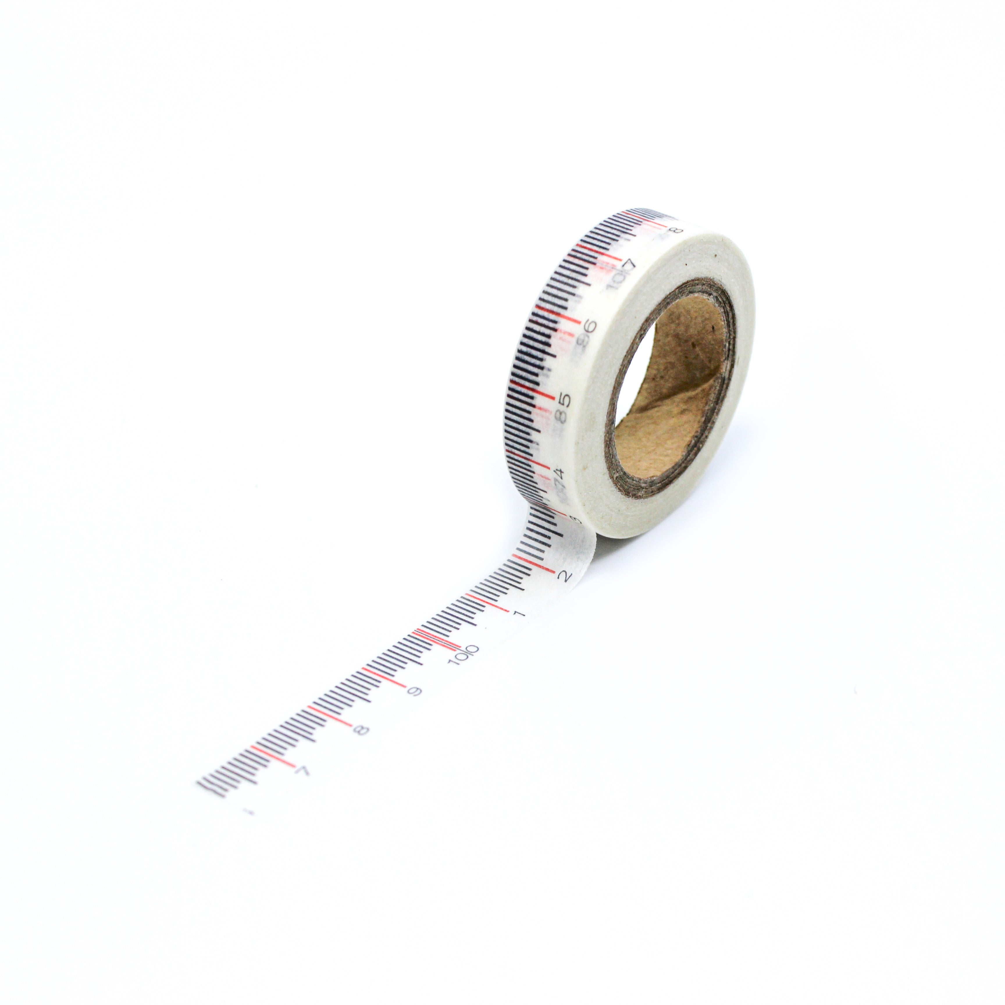 This is a full pattern repeat view of measuring tape ruler with red thin line washi tape BBB Supplies Craft Shop